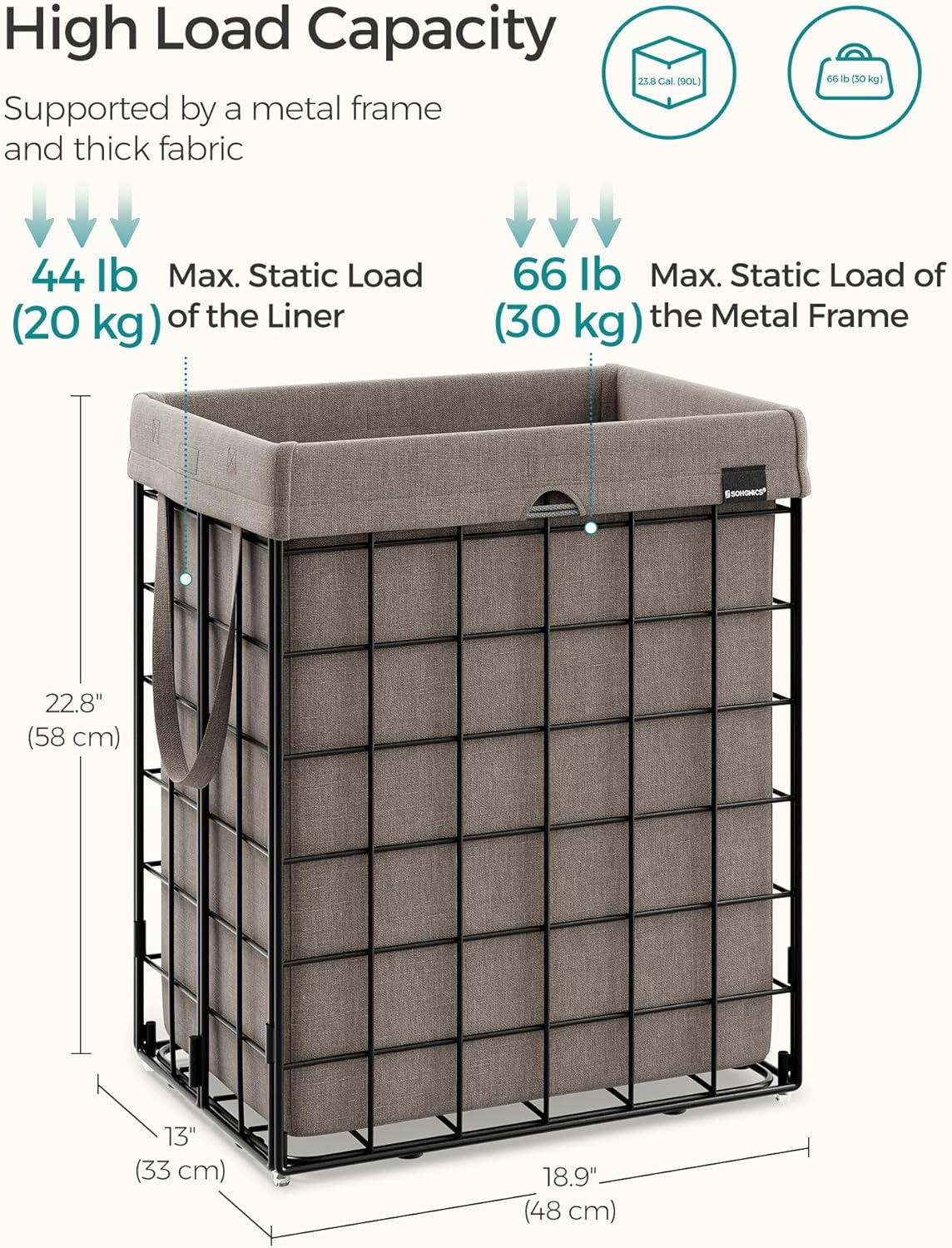 SONGMICS Laundry Hamper, 23.8 Gal. (90L) Laundry Basket, Collapsible Clothes Hamper, Removable and Washable Liner, Metal Wire Frame, for Bedroom Bathroom, Black and Camel Brown ULCB190N01