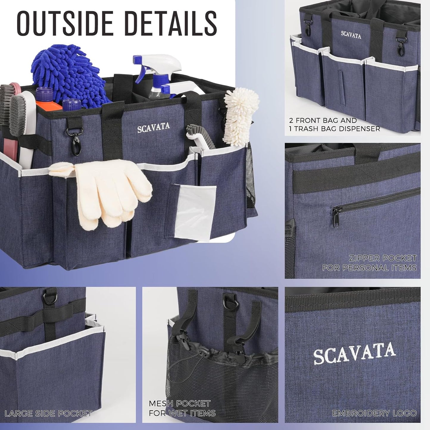 Wearable Caddy Bag, Cleaning Supplies Organizer With Handle & Shoulder Straps for Housekeepers, Under Sink & Car Tool Organizers With 4 Foldable Divider (NavyBlue)