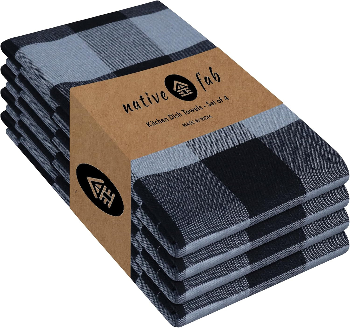 Native Fab Buffalo Check Kitchen Dish Towels, 4 Pack, Cotton, Durable, Washable 16"x26" - Tea Towel, Soft Absorbent Cleaning Towels, Hand Towels with Hanging Loop - Black, Grey