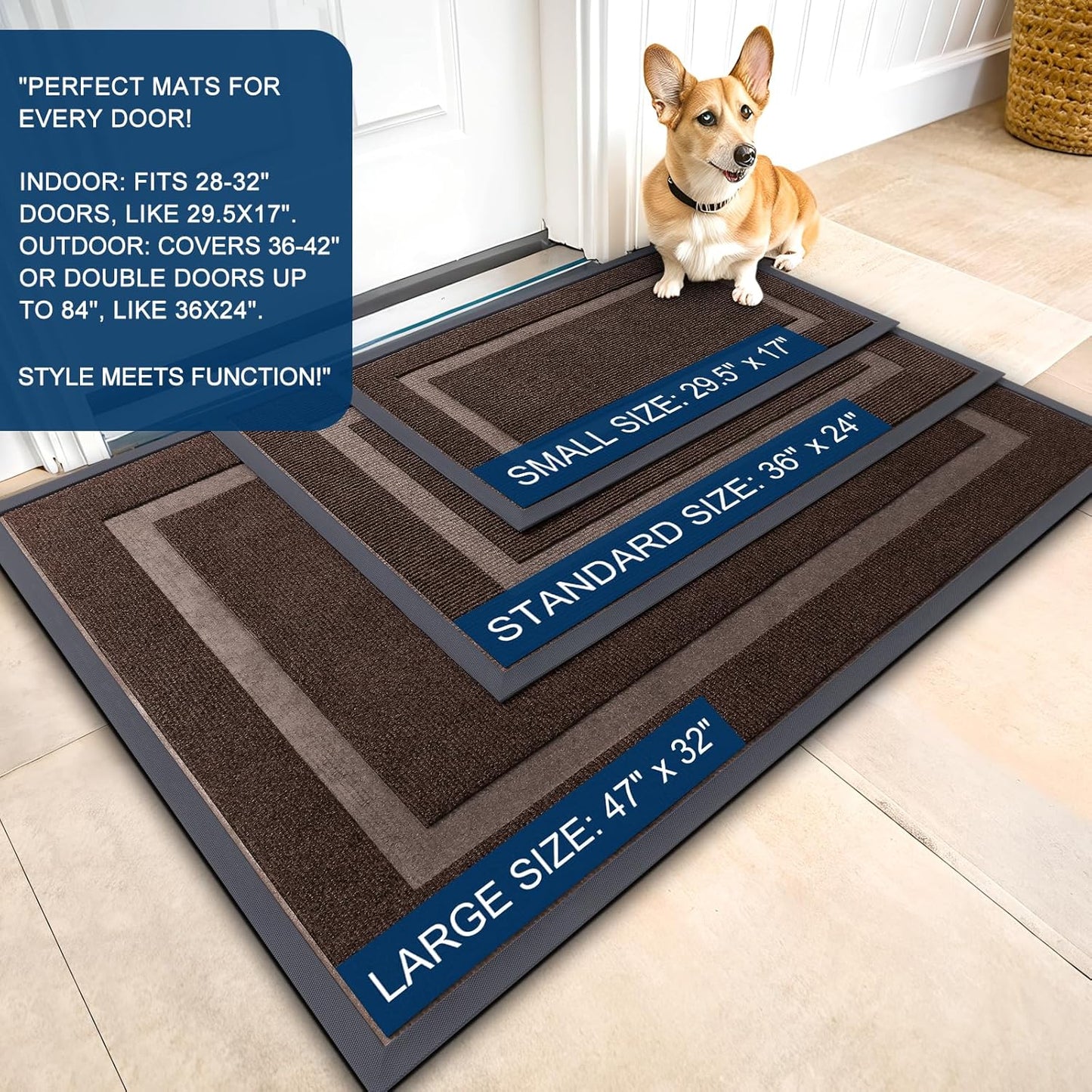 OLANLY Front Door Mat Indoor Outdoor Entrance, Waterproof All-Season, All-Weather Doormat, Sturdy Natural Rubber, Fade Resistant, Low Profile, Easy Clean Patio Porch Entryway Mat, 47x32, Dark Brown