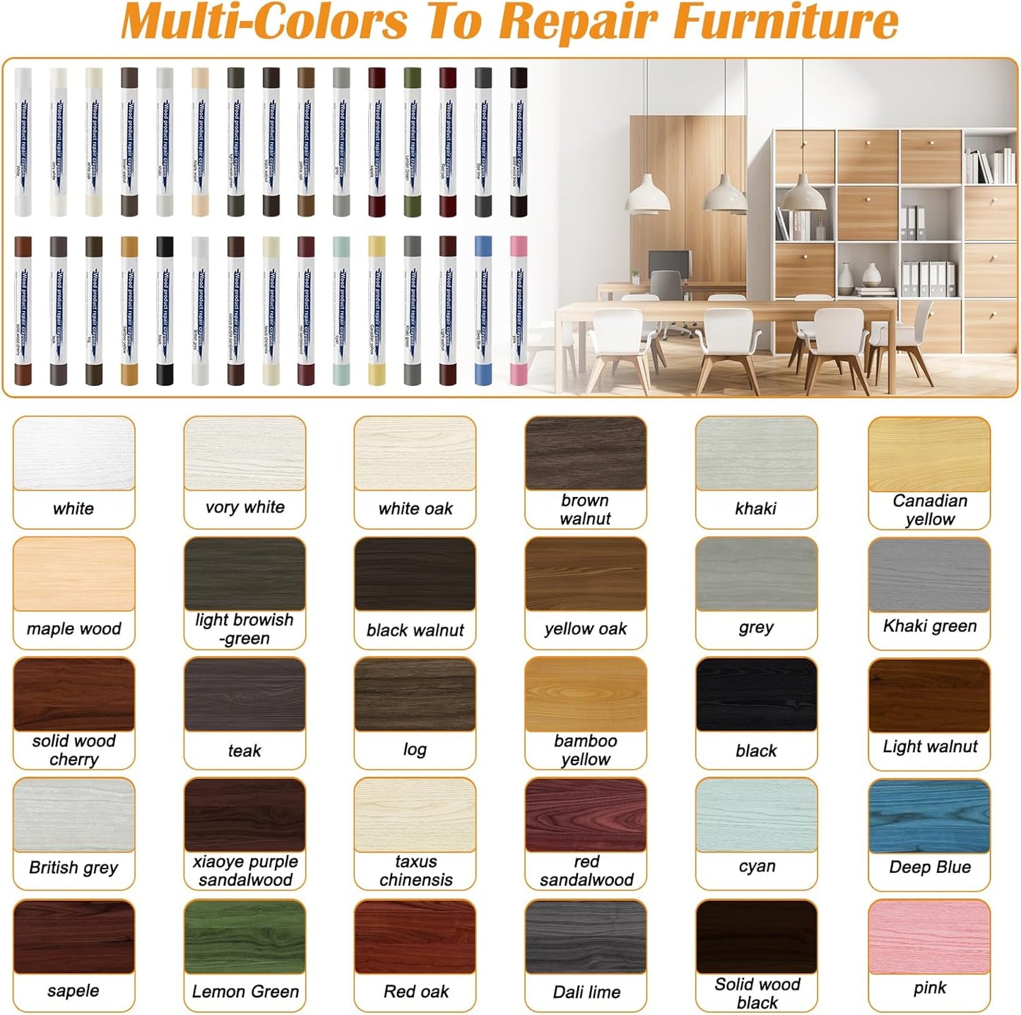 30+2P Wood Filler Sticks, Windspeed 30 Colos Wood Filler Putty Wax Crayons Furniture Repair Kit Putty Stick for Baseboard Cabinets Furniture Floors(with 2 Scrapers)