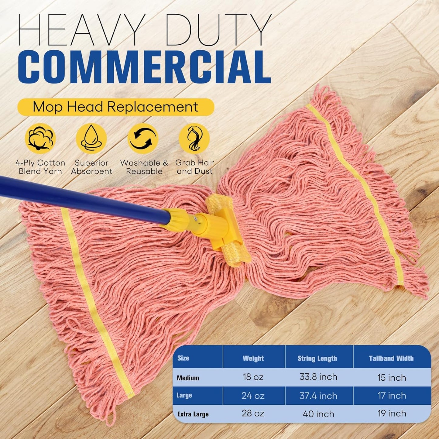 Matthew Cleaning Commercial Mop Head Replacement, 5 Inch Wide Headband, Looped End Cotton Blend String Wet Mops for Floor Cleaning, 24 oz Large, 1-Pack Orange