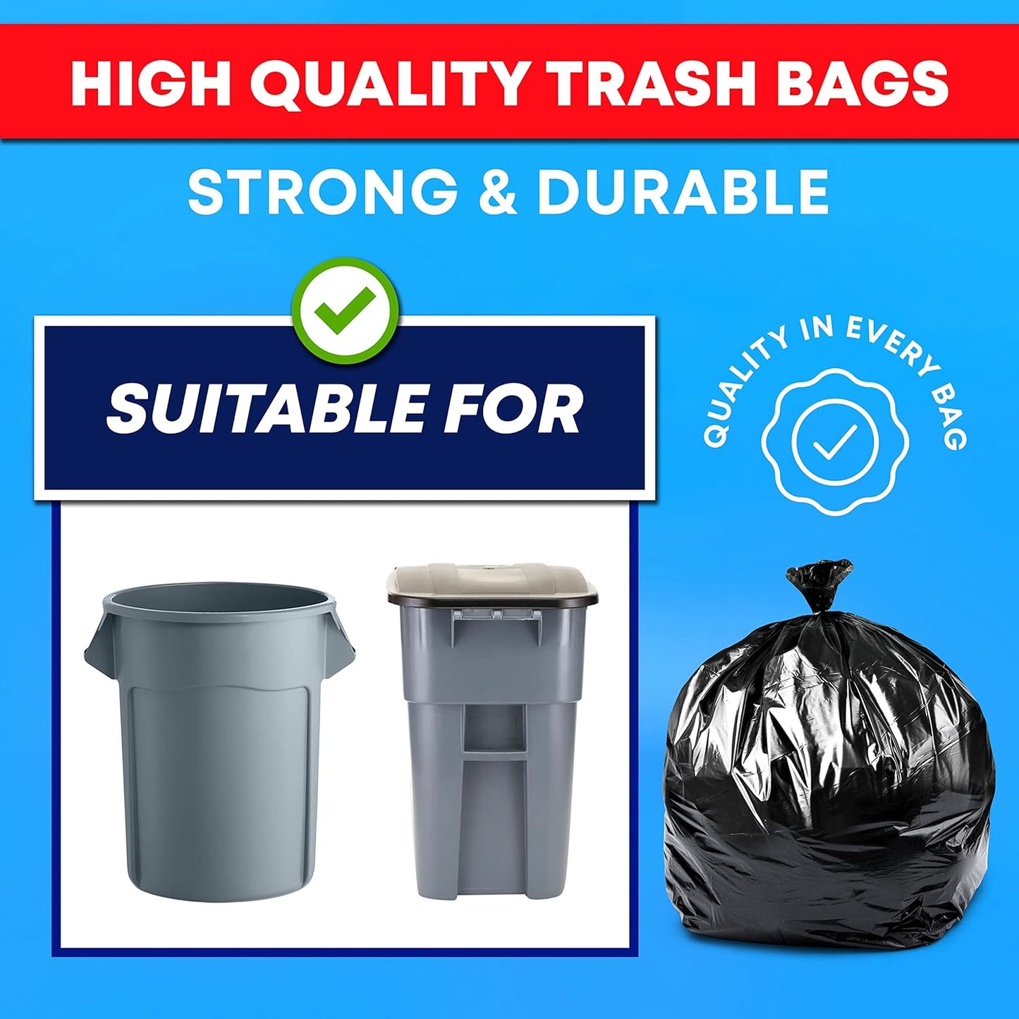 Tasker 45 Gallon Trash Bags, (Value-Pack 100 Bags w/Ties) Extra Large Black Garbage Bags - 39 Gallon - 40 Gallon - 42 Gallon - 44 Gallon - 45 Gallon Large Trash Bag Can Liners Capacity