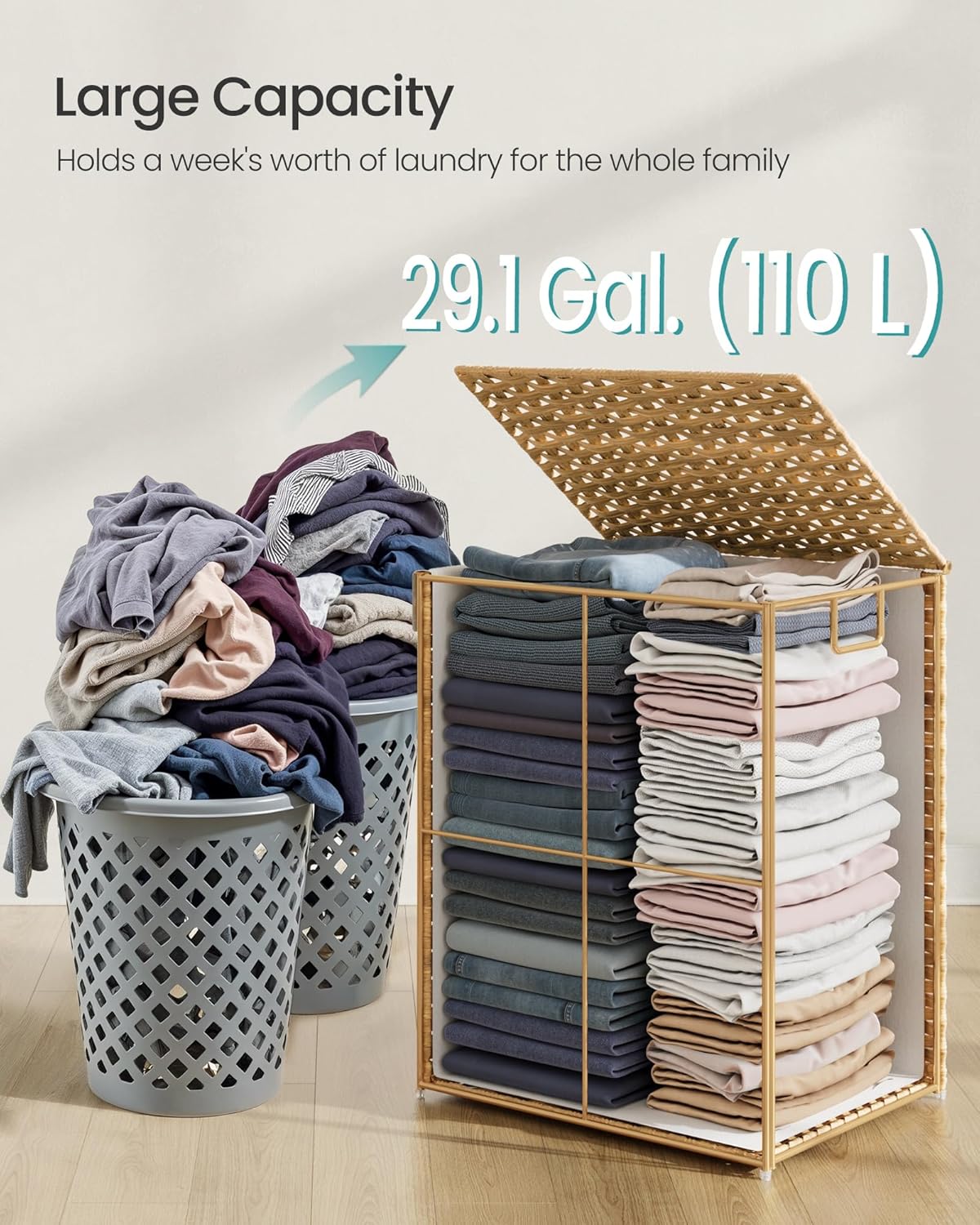 SONGMICS Laundry Hamper with Lid, 29.1 Gallon (110 L) Synthetic Rattan Clothes Laundry Basket with Lid and Handles, Foldable, Removable Liner, Goose Yellow ULCB152Y01