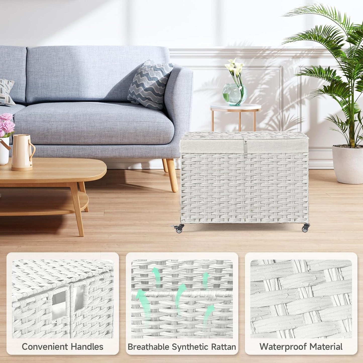 Rolling Storage Basket with Lid, 47.6 Gallon (180L) Storage Bin with Wheels, Woven Rattan Blanket Storage Basket with Handles, Foldable, Metal Frame, Removable Liner for Bedroom, Laundry Room, White