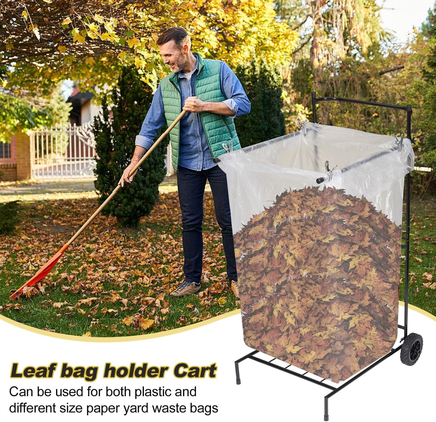 Heavy Duty Portable Trash Bag Holder with Wheel, Adjustable 30-45 Gallon Outdoor Leaf Bag Stand, Durable Trash Bag Rack, for Yard, Lawn Cleanup, Gardening, Camping & Parties