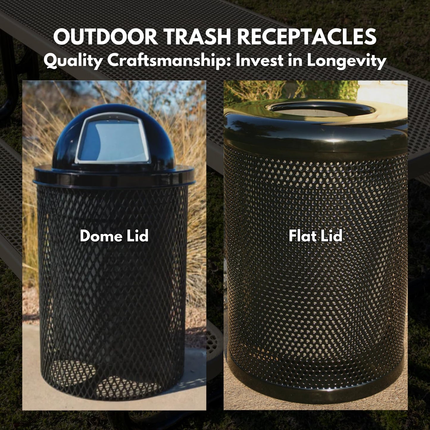 COATEDOUTDOORFURNITURE 32-Gallon Heavy-Duty Punched Steel Round Trash Receptacle, Commercial Outdoor Waste Bin with Liner & Black Dome Lid – Made in America (Textured Gold Vein)