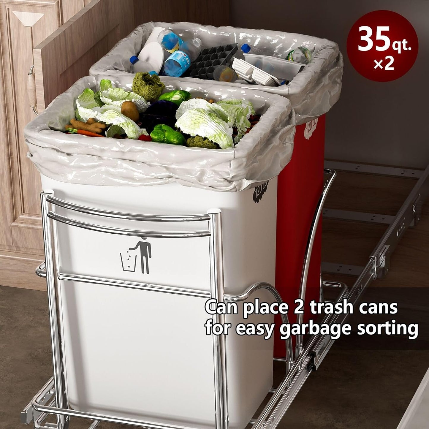 Dual Under Sink Trash Can Heavy Duty Pull Out Trash Can Under Cabinet, Fits 2x35Qt (7-9 Gal) Commercial Trash Cans Cabinet Trash Bin Pull Out Kit Requires ≥ 22''Dx 16''Wx 17''H, No Can (Silver)