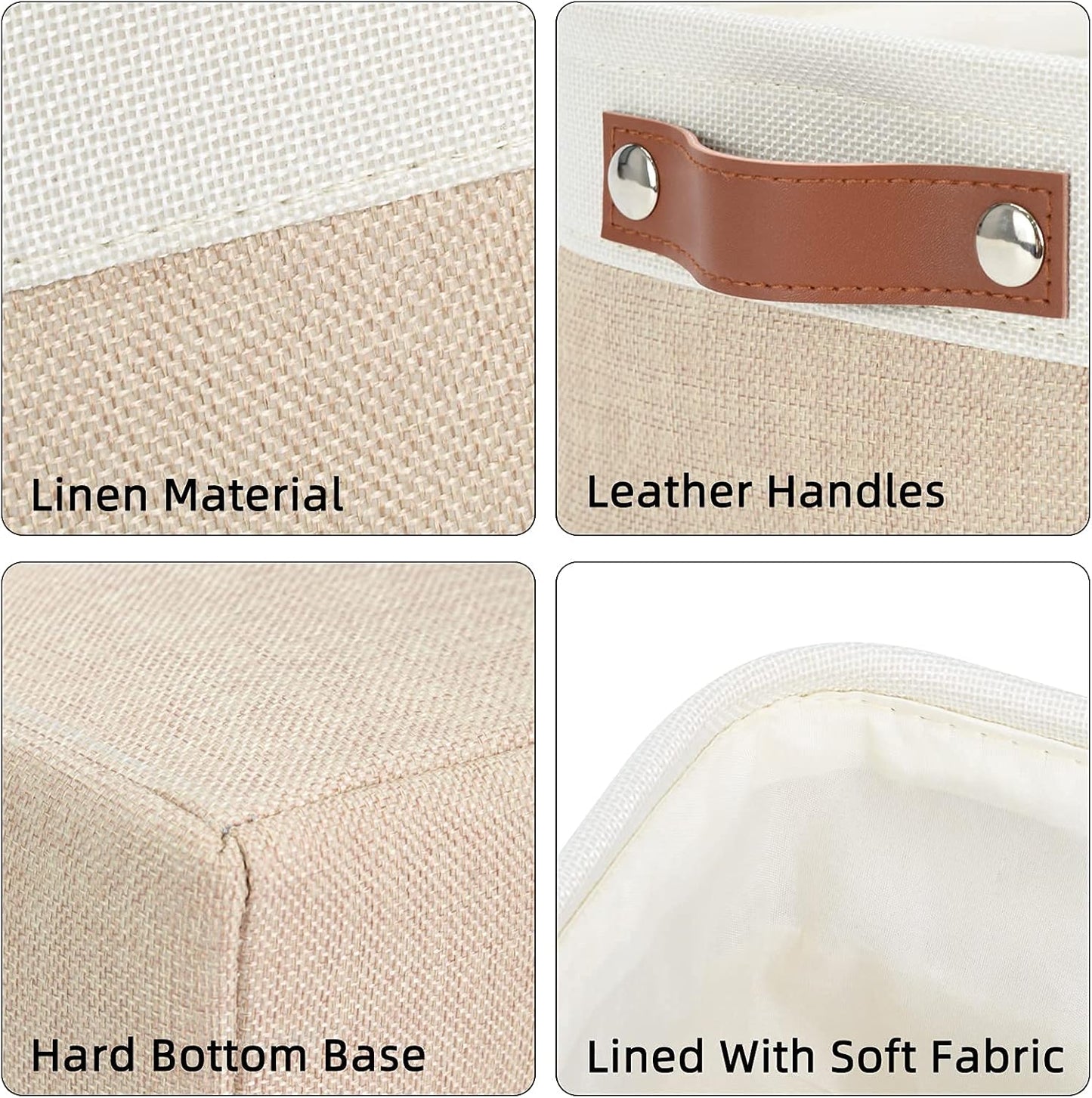 DULLEMELO Large Collapsible Storage Basket/Bin with Sturdy Leather Handles, Fabric Organizer Bin for Storage Clothes, Toys, Books, Office, Bedroom, Closet, Nursery & Laundry (White&Khaki)