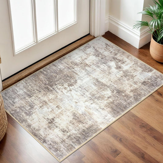 IOHOUZE Small Abstract Area Rug 2x3 Ft Entryway Rugs Washable Door Mat Indoor Entrance, Rubber Backed Throw Rugs, Printed Faux Wool Non Slip Floor Carpet for Foyer Front Door Sink, Beige Brown