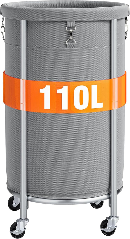 ELYKEN Laundry Hamper with Wheels, 110L Rolling Laundry Basket, Round Laundry Cart with Steel Frame and Removable Bag, 4 Casters and 2 Brakes, Dirty Clothes Hamper for Hotel, Home, Closet, Dorm, Gray