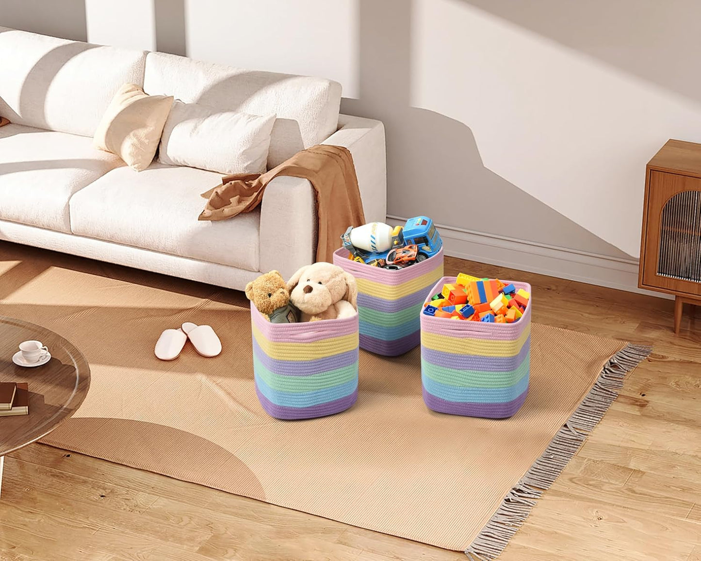 3 Pack Storage Cubes 11 Inch Cotton Rope Woven Baskets for Organizing Cube Bin Square Shelves Organizer,Classroom,Kids Toy Bins,Closet,Baby Nursery(Light Rainbow)