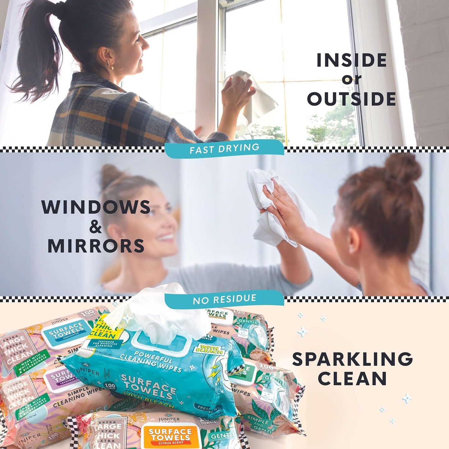 Single Surface Cleaning Wipes Bleach Free, Thick & Large Dispose, All-Purpose Cleaner for Bathroom, Kitchen, Office, 100 Count Soft Flow, Biodegradable, Juniper Scent