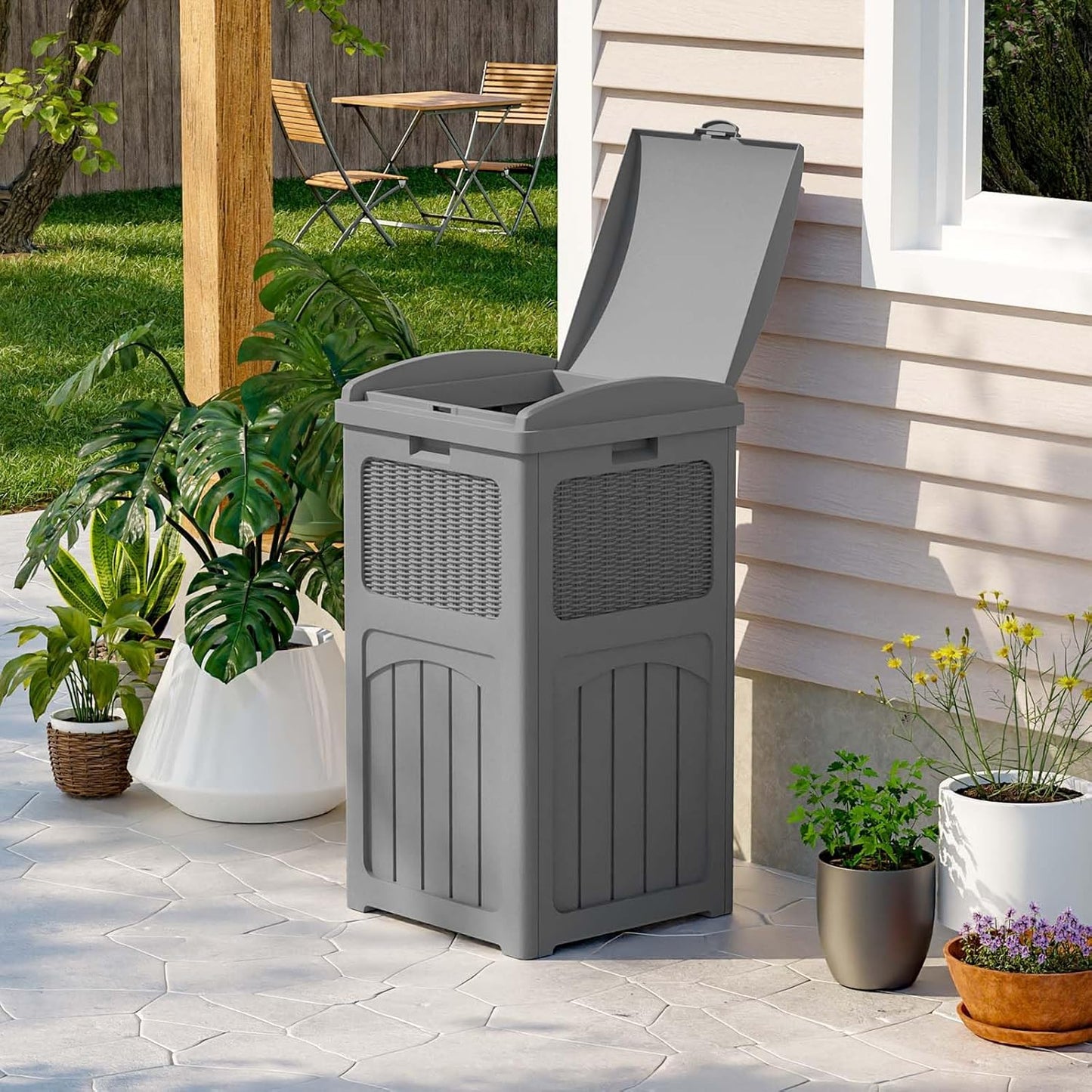 Patiowell 36 Gallon Outdoor Trash Can, Resin Outdoor Garbage Can with Lid for Patio, Backyard, Deck, Gray