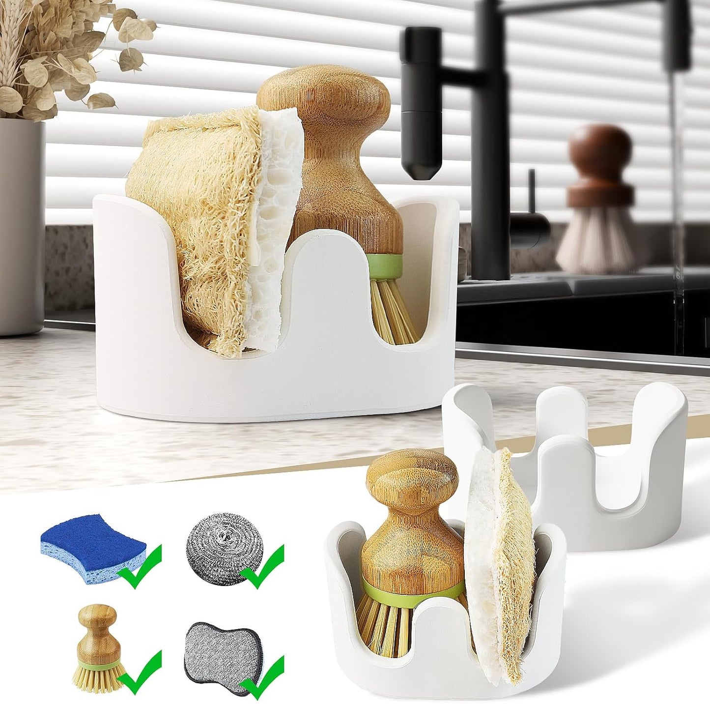 2 Pack Double Sponge Holder, Diatomite Stone Absorbent Sponge Stand for Kitchen Sink - Quick Dry Organizer for Kitchen Countertop, White