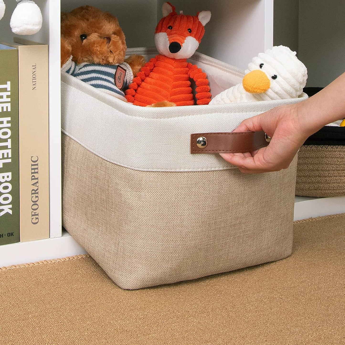 DULLEMELO Collapsible Rectangle Fabric Storage Basket for Organizing Clothes, Toys, Towels, Books, Laundry, Nursery, Dog Toys (White & Khaki)