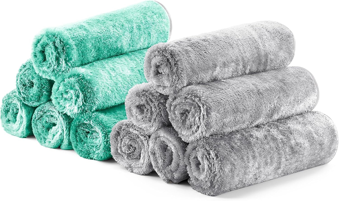 Fantasticlean Microfiber Car Detailing Towels, Car Drying Towel with Edge, Plush, Coral Fleece, 700GSM, 16" x 16", 12 Pack, Scratch-Free, Ultra Absorbent, Car RV Boat Home Cleaning (Grey and Green)