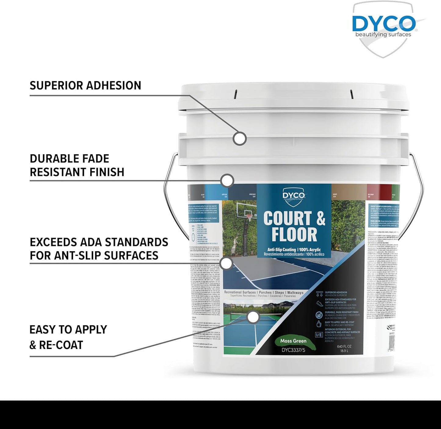 DYCO Court & Floor Anti-Slip Coating - Slip Resistant Pavement, Cement & Concrete Paint for Pickleball, Tennis & Basketball Courts, Exceeds ADA Standards for Safety Areas (Moss Green, 5 Gallons)