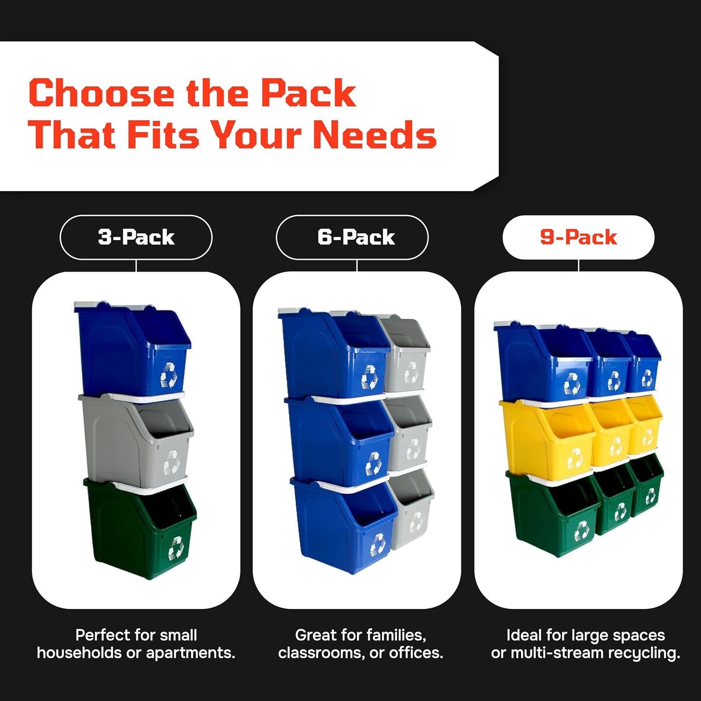 Multi Bin Recycling System with Three Stackable 6 Gallon Recycle Bins to Build Your Recycling Center for Offices, Kitchen, Garages, Businesses (3 Pack, Blue/Grey/Green)