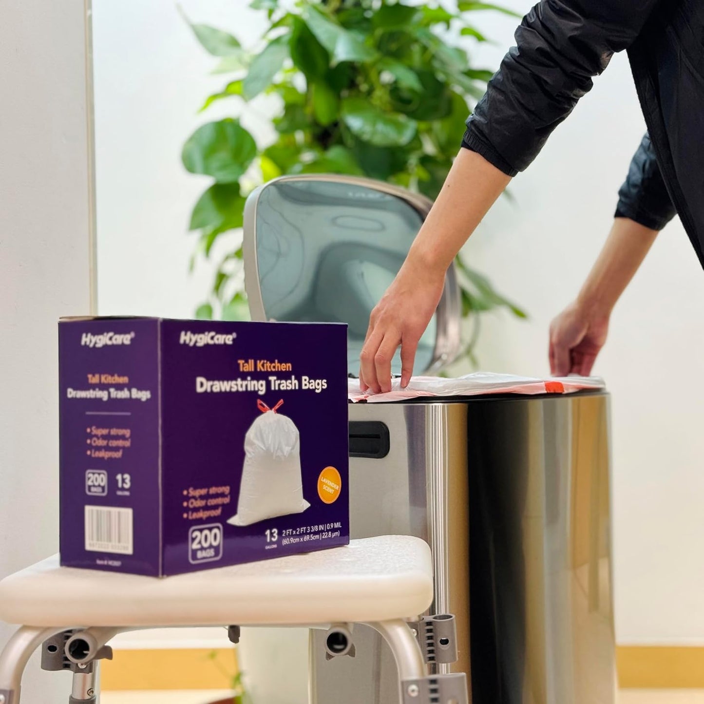 13 Gallon Tall Kichen Trash Bags, Lavender Scented 200 Count Drawstring Garbage Bags, Pre-Separated, Odor Control, Ultra Strong, Leakproof, Sturdy, White