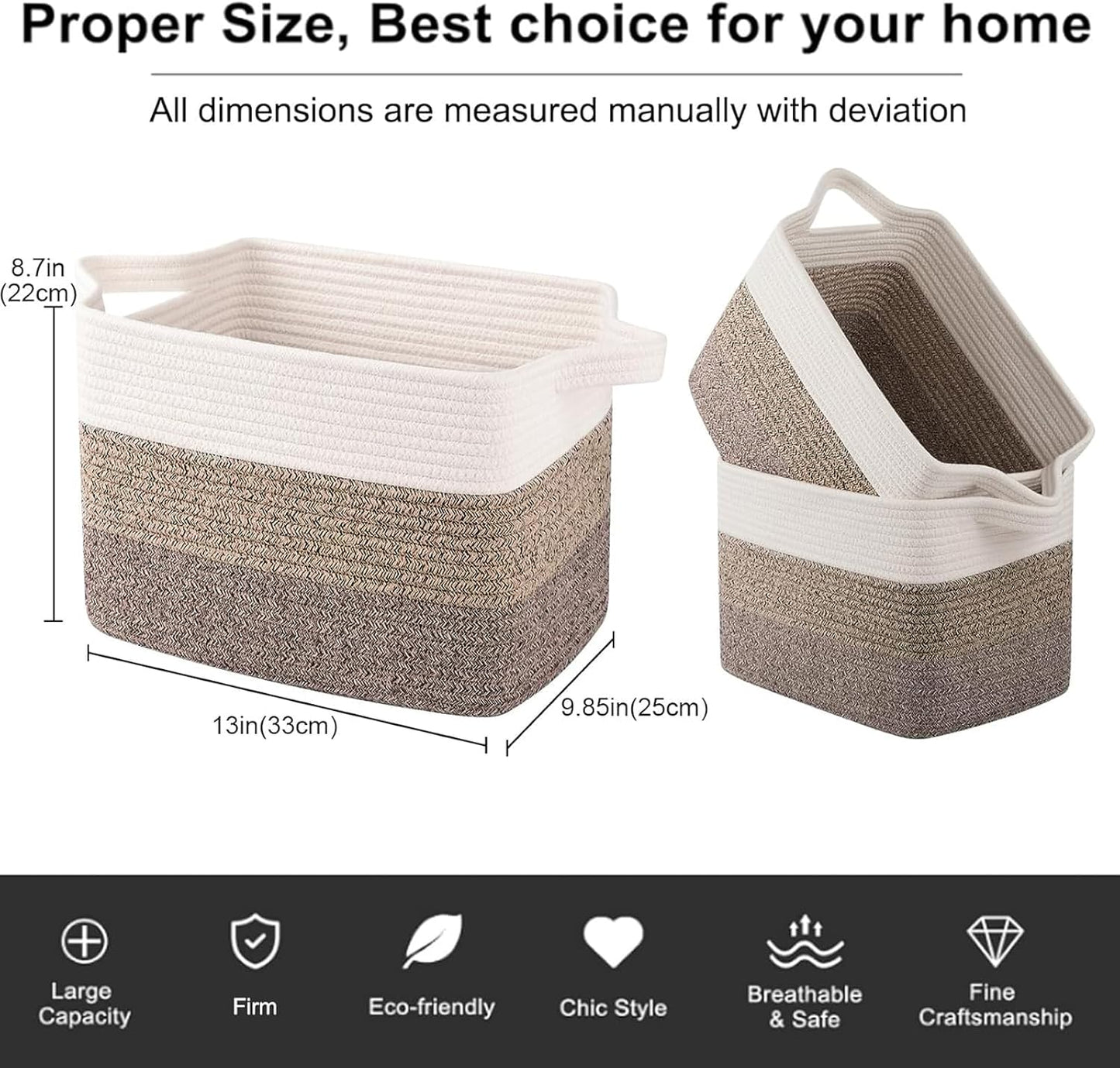 OIAHOMY Storage Basket, Woven Baskets for Storage, Cotton Rope Basket for toys,Towel Baskets for Bathroom - Pack of 3, Gradient Dark Brown