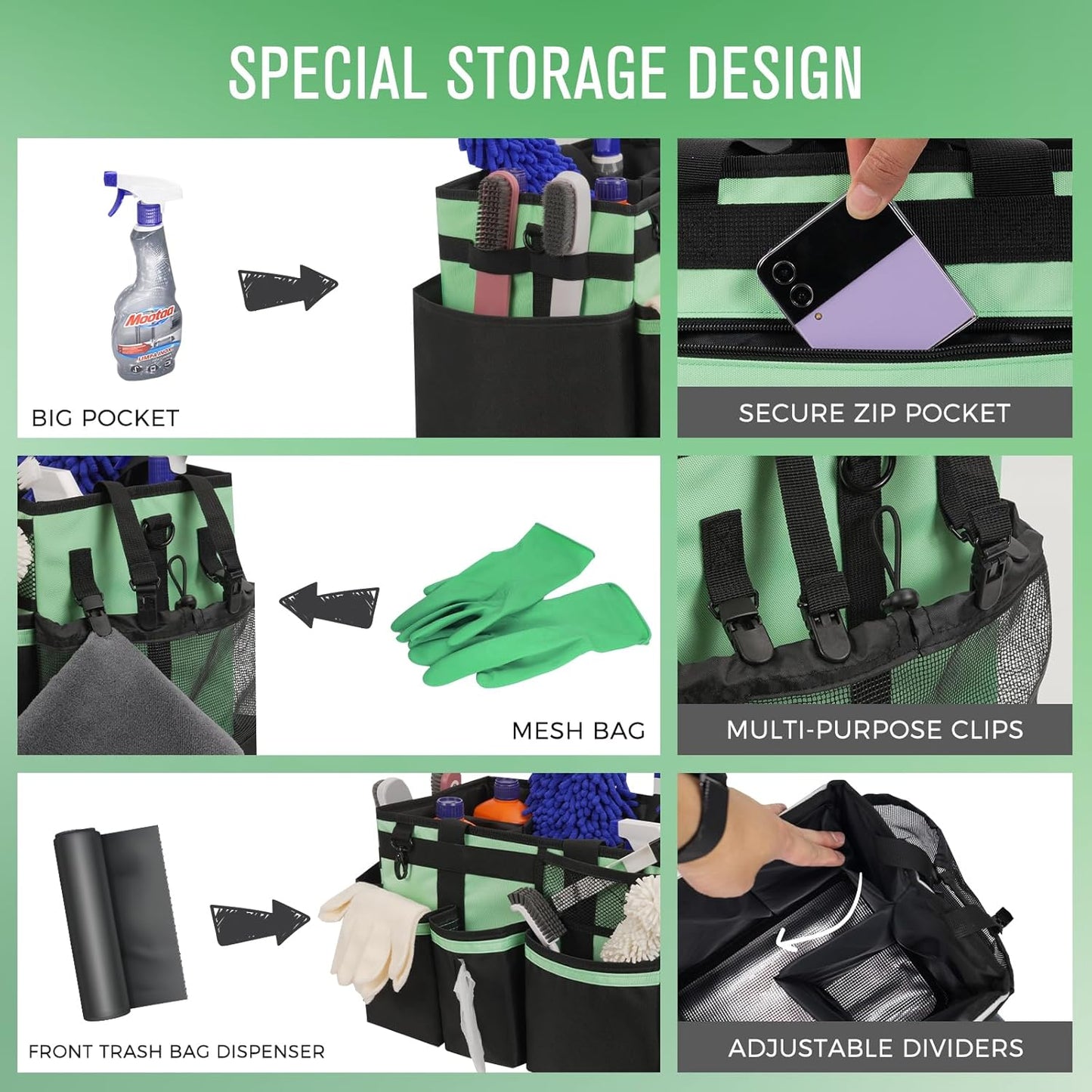 Wearable Cleaning Caddy, Cleaning Caddy Supplies Organizer with Handle & Shoulder Straps for Housekeepers, Under Sink & Car Cleaning Tool Organizers Bag with 4 Foldable Divider (MintGreen)