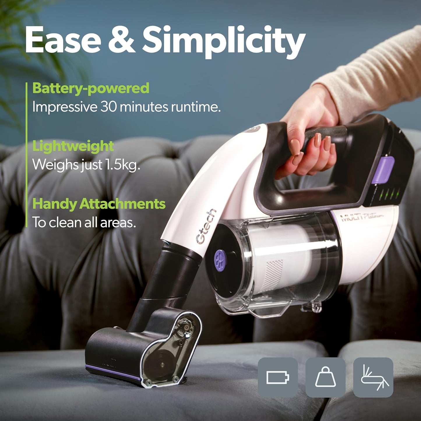 Gtech Multi Platinum Cordless Handheld Vacuum Cleaner - Portable Vacuum Cleaner for Car, Home, and More - Reinforced with Lightweight Aluminum - Rechargeable - 30 Mins Runtime