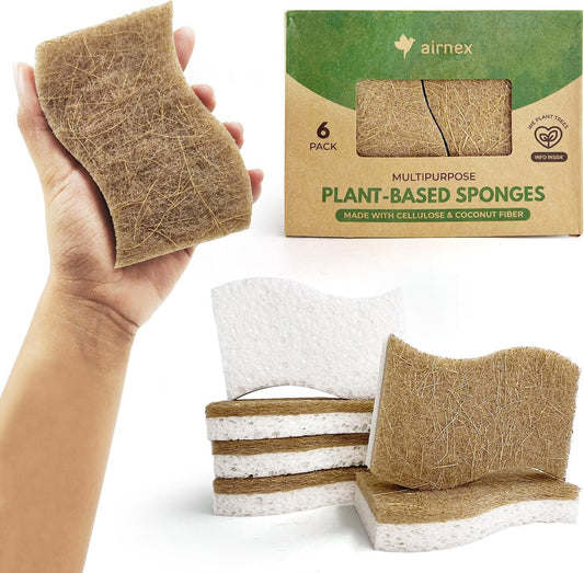 Biodegradable Natural Kitchen Sponge - Compostable Cellulose and Coconut Walnut Scrubber Sponge (6 Pack)