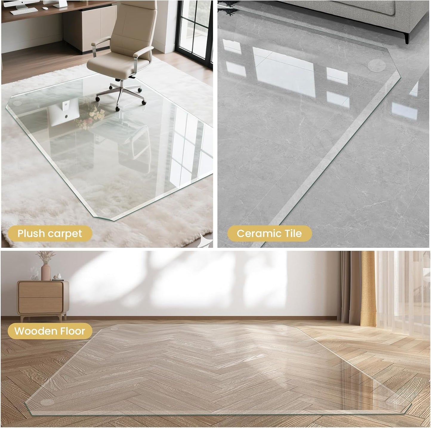 VSARHouse Beveled Edge Tempered Glass Office Chair Mat, 55"x46" Heavy Duty Glass Floor Mat for Carpet or Hard Floors, with Non-Slip Pads, Easy to Slide, Thick 1/5", Octagon, Patent No.30004842