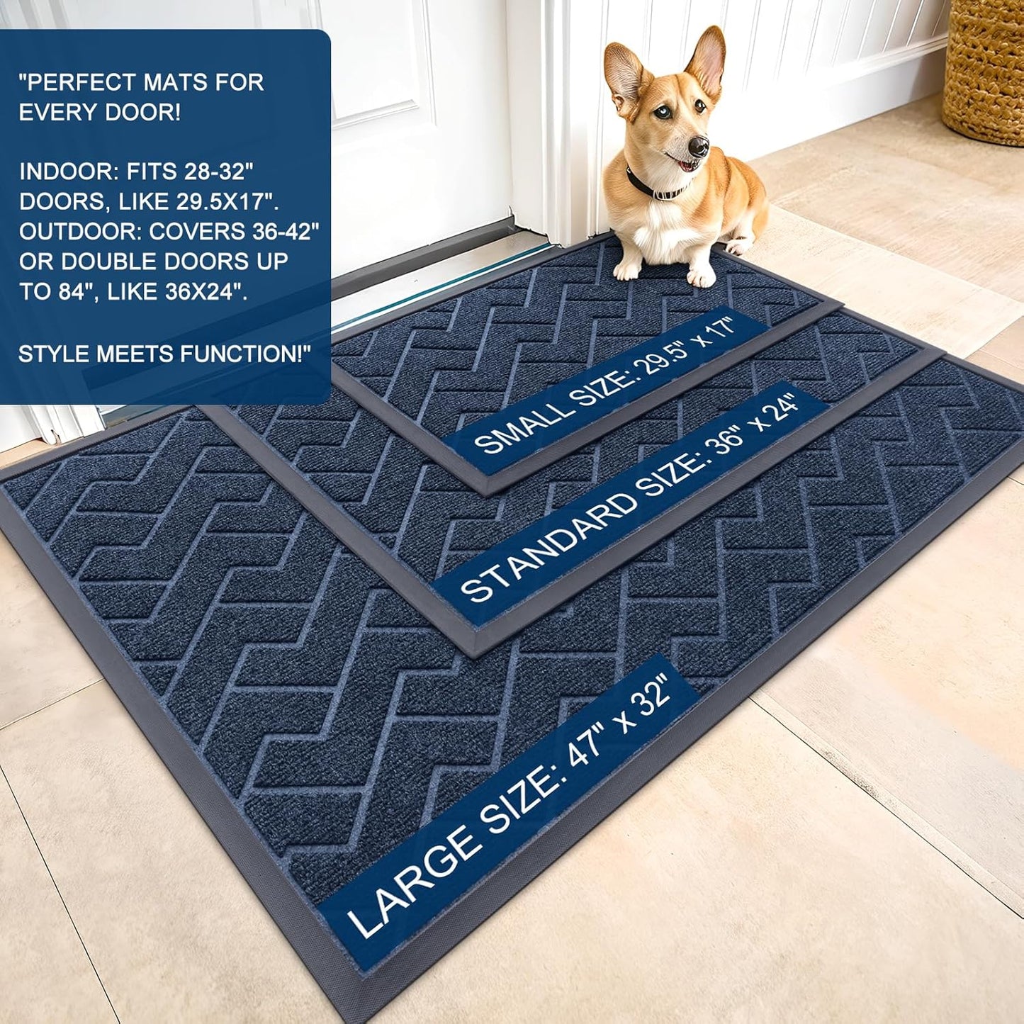 OLANLY Front Door Mat Indoor Outdoor Entrance, Waterproof All-Season, All-Weather Doormat, Sturdy Natural Rubber, Low Profile, Easy Clean Patio Porch Entryway Mat, Herringbone Brick (Blue, 36x24)