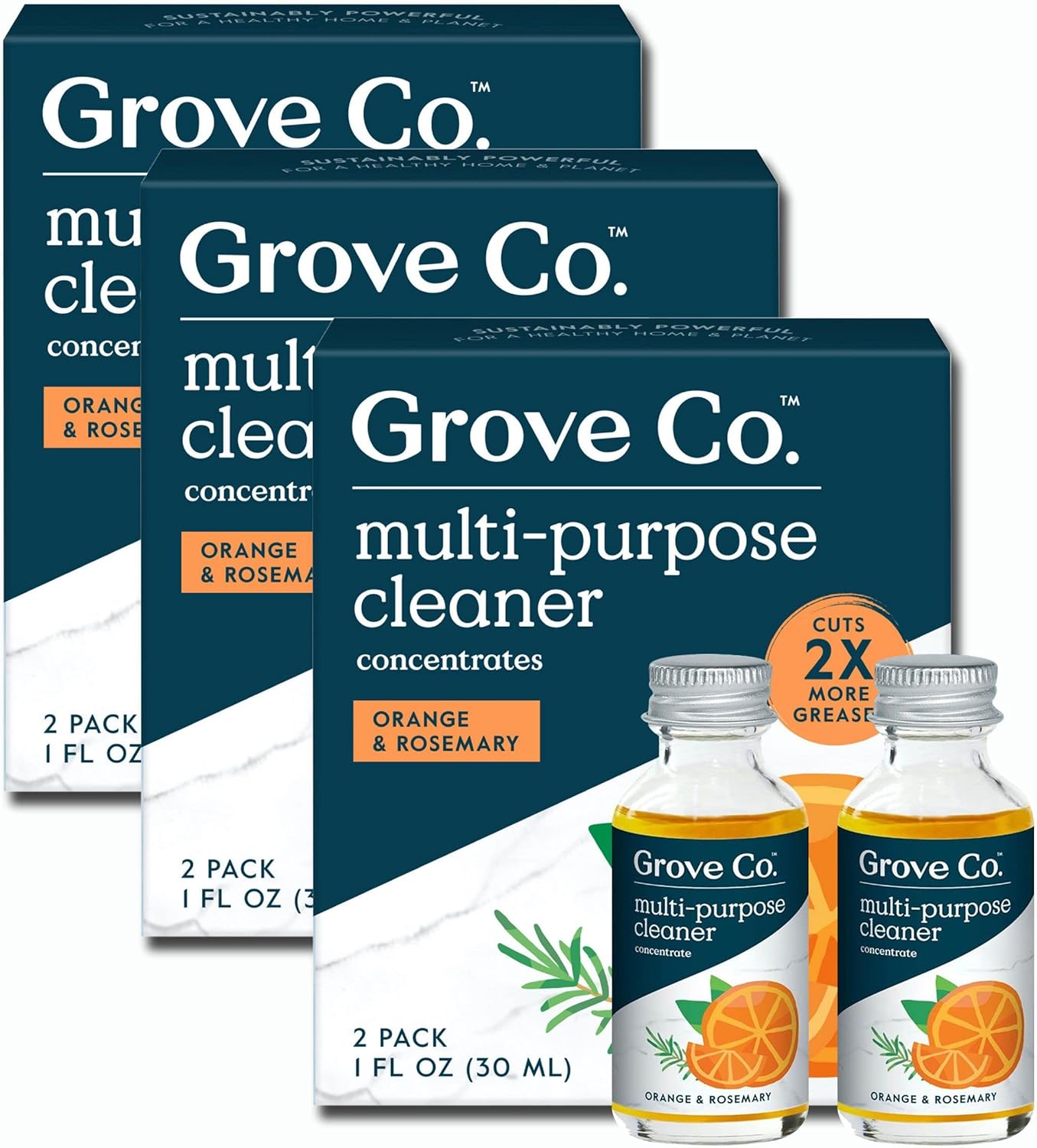Grove Co. Multi-Purpose Cleaner, Refill Concentrate (6 x 1 Fl Oz) Plant-based Household Cleaning Supplies, Ammonia & Chlorine Free, No Plastic Waste, Orange & Rosemary Scent, Total 3 x 2 Pack Refills