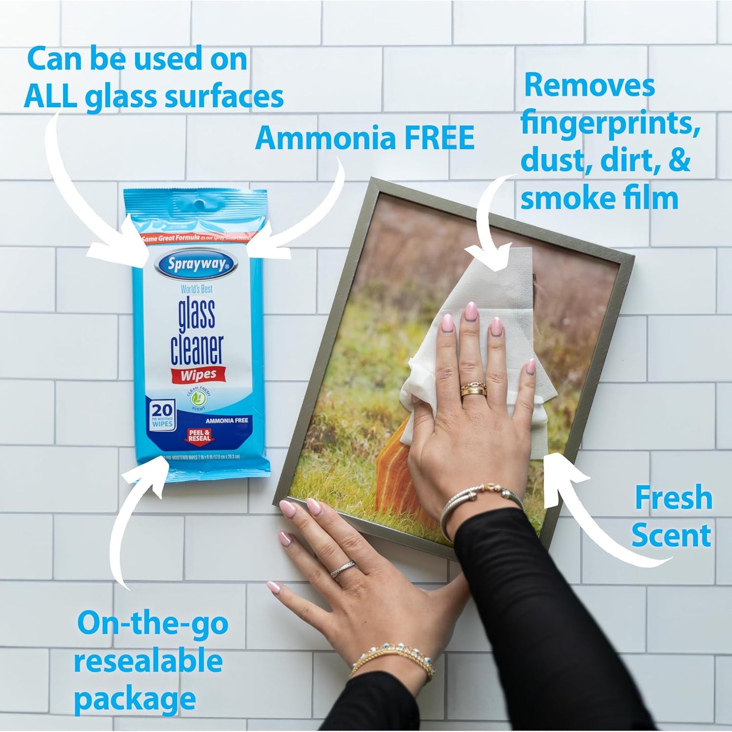 Sprayway Glass Cleaner Wipes, 20ct, Pack of 12, On-the-Go Resealable Package, Pre-Moistened, Original Ammonia-Free Formula, Removes Fingerprints, Dust, Dirt, All Glass Surfaces, 2 trays per cartons