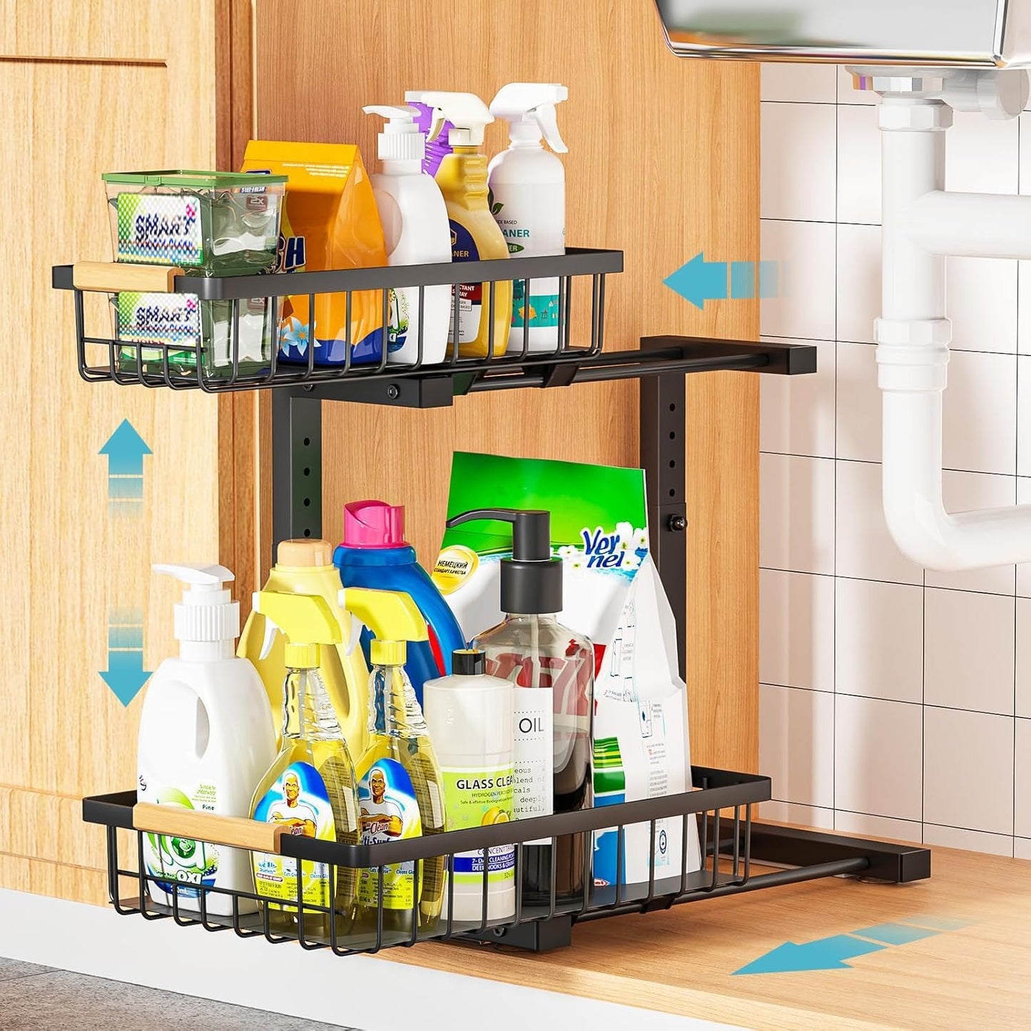 Under Sink Organizer Storage 1 pack, 2 Tier Slide Out Height Adjustable Pull Out Cabinet Organizer Drawers, Kitchen Bathroom Large Capacity Metal Under Sink Rack Caddy Basket Shelves, Black