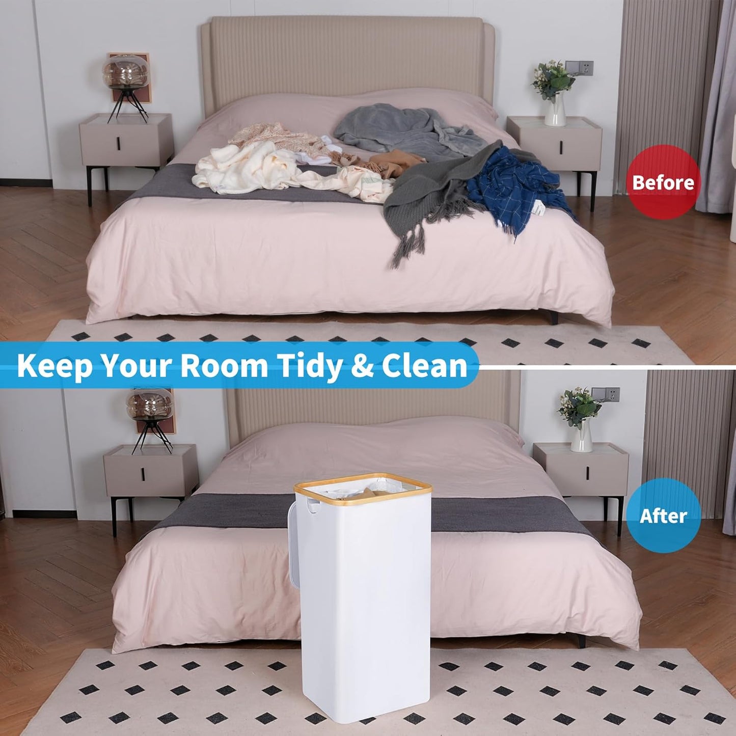 efluky Laundry Hamper with Lid, 100L Tall Laundry Basket with Bamboo Handles for Clothes and Toys, Collapsible Laundry Hamper with Inner Bag for Bedroom and Bathroom, White