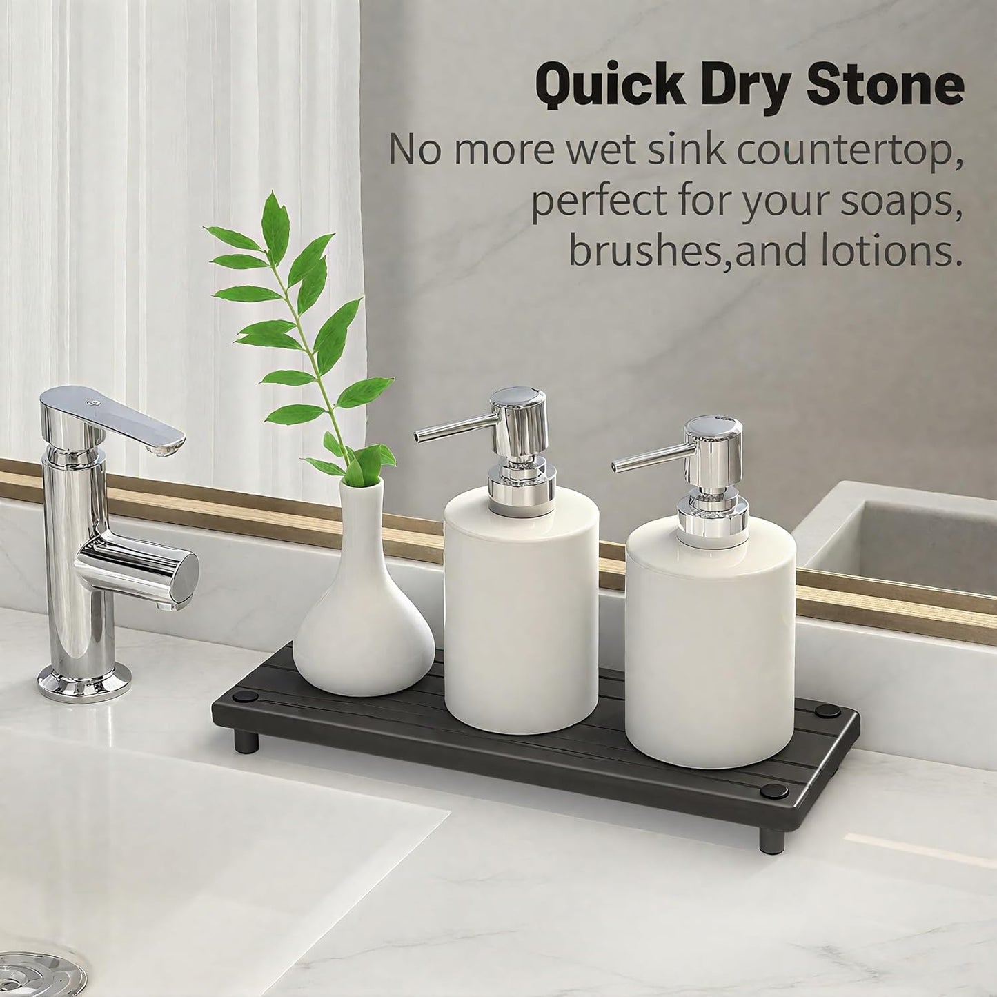 Quick Dry Sink Caddy Kitchen Sink Organizer, Water Absorbing Stone Tray for Sink, Stone Drying Tray, Diatomite Faucet Mat & Protector, Dispenser Sponge Holder, Stone Soap Tray for Bathroom Counter