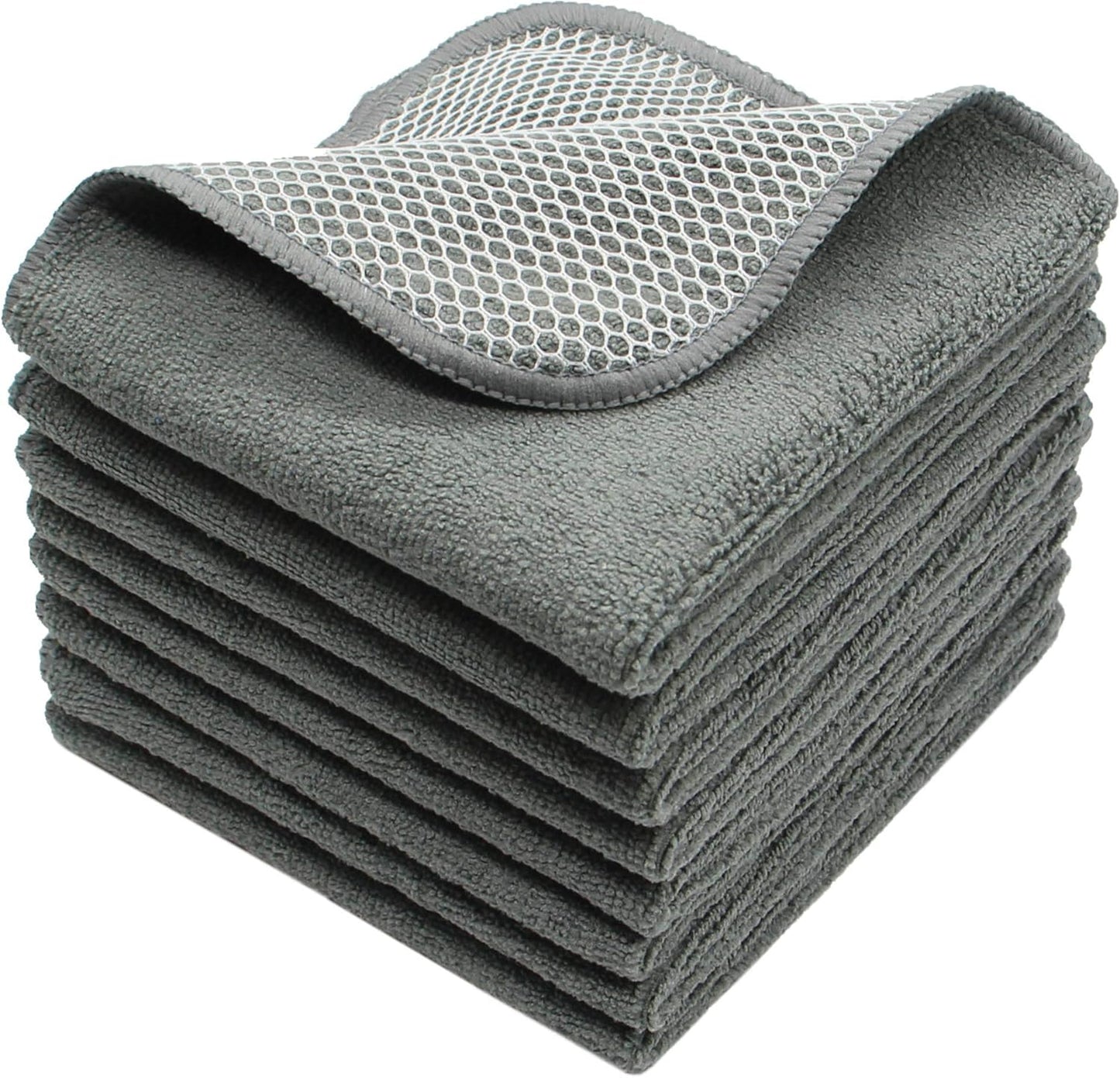 Microfiber Dish Cloths Fast Drying Kitchen Cleaning Cloth Dish Rags Dust Cloths Ultra Absorbent Lint Free Washcloths with Poly Scrub Side 12inch x 12inch 8 Pack (Gray)