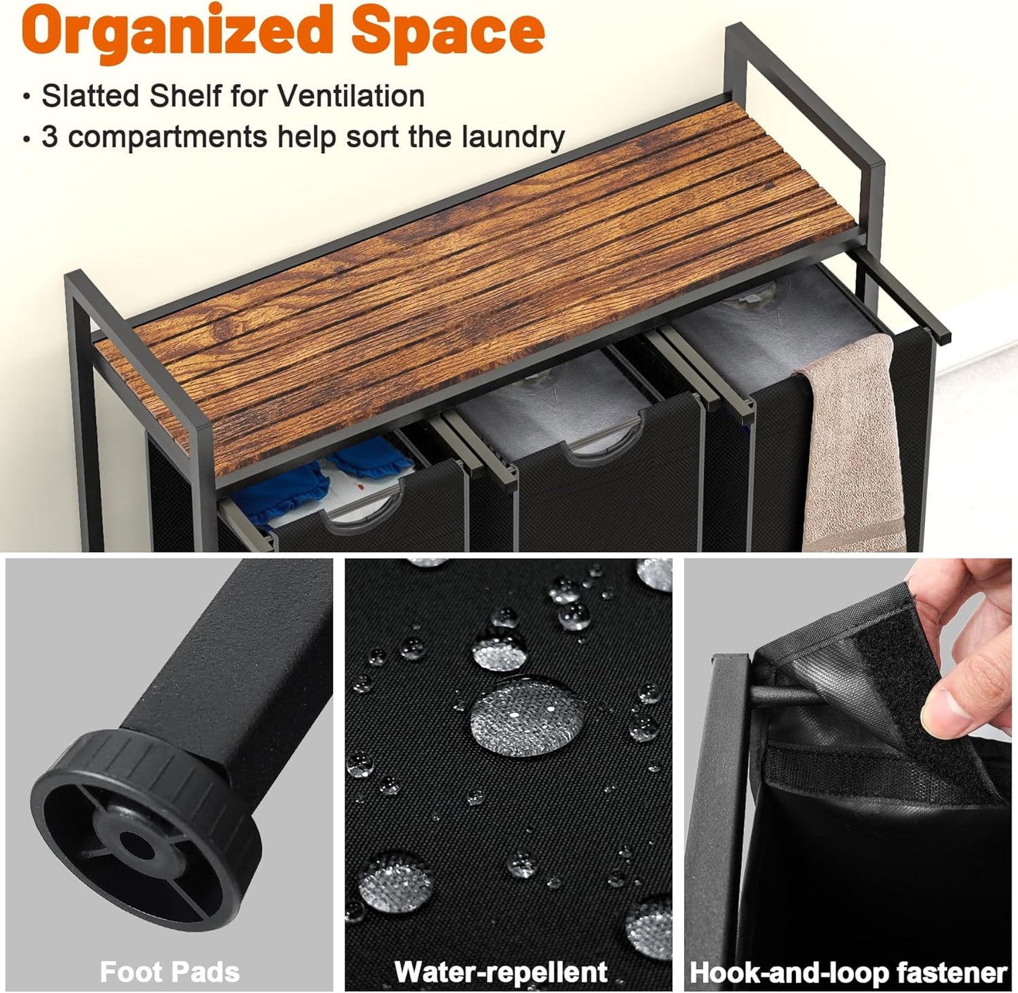 Laundry Hamper, Laundry Sorter with 3 Pull-Out Removable Oxford Fabric Bags Cloth Laundry Basket 3 x 10 Gallons (Black and Rustic Brown)