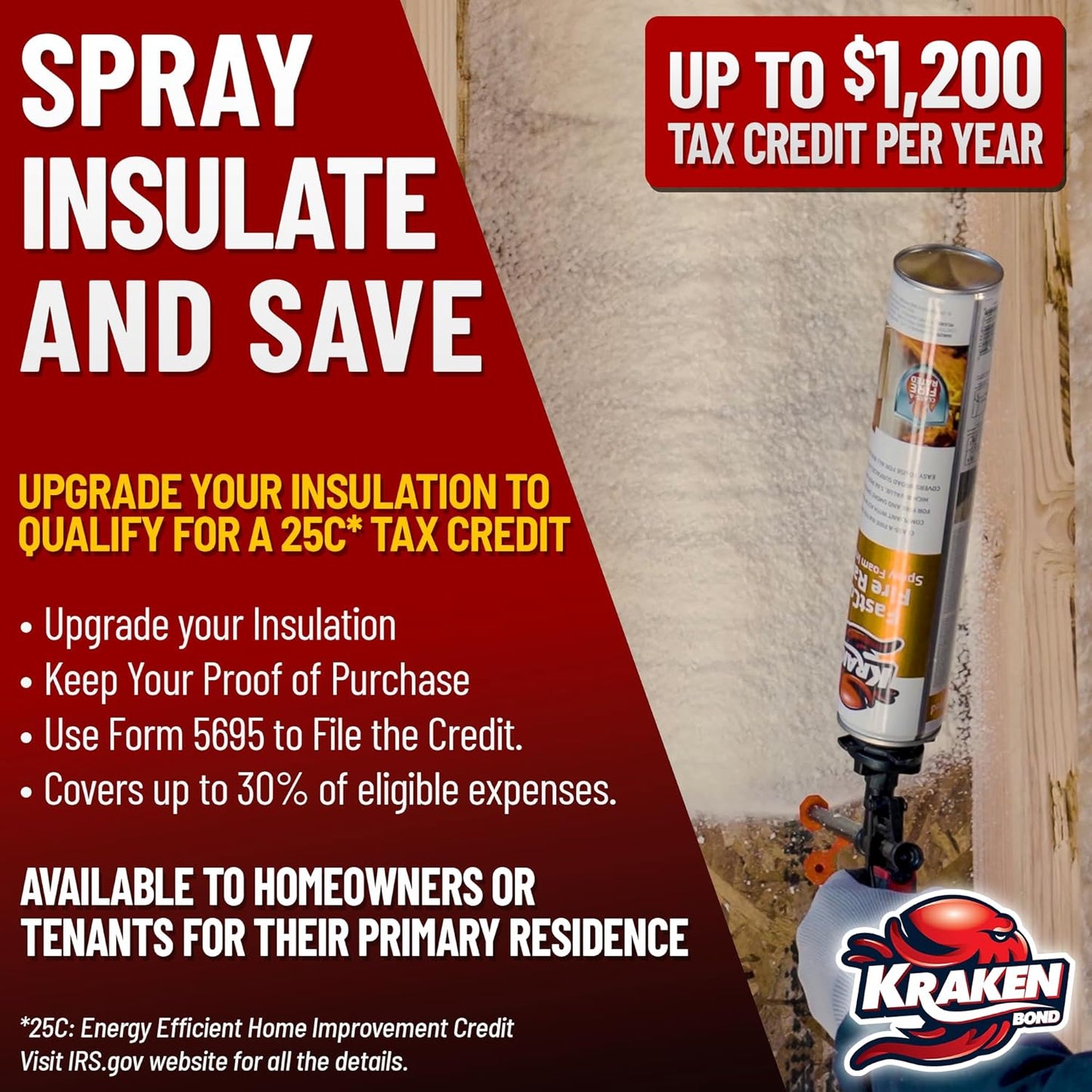 Kraken Bond Fastcoat Fire Rated Spray Foam Insulation Kit Closed Cell in a Can 20 sq ft (1x27.1 oz.) (R-Value 11.32 / 2in) - Spray Foam for Garage Door, Attic, Wall Gun & Cleaner Included, 1 Pack