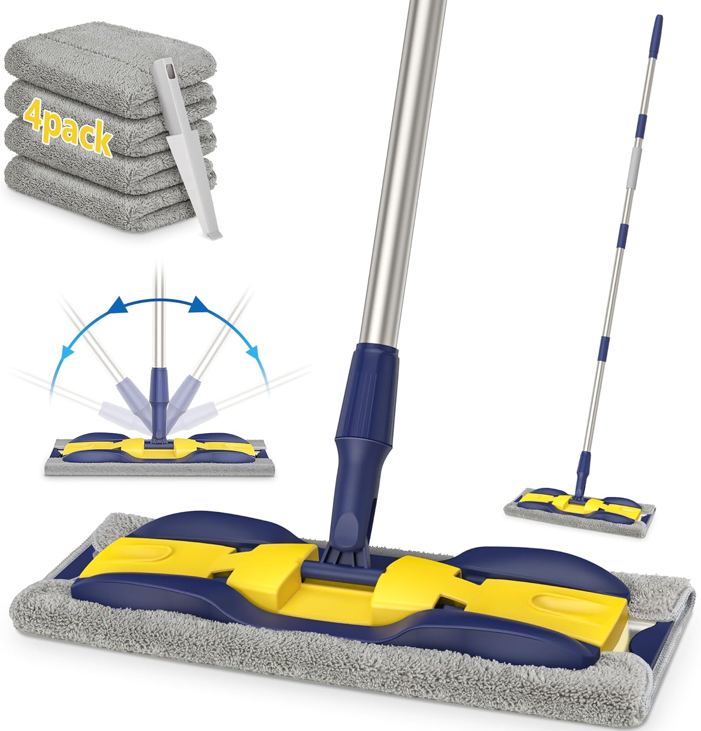 MEXERRIS Microfiber Flat Mop for Hardwood Laminate Tile Floor Cleaning: Stainless Steel Handle - 4 Reusable Flat Mop Refills and 1 Dirt Removal Scrubber Included - Dry Dust Mop Commercial Home Use