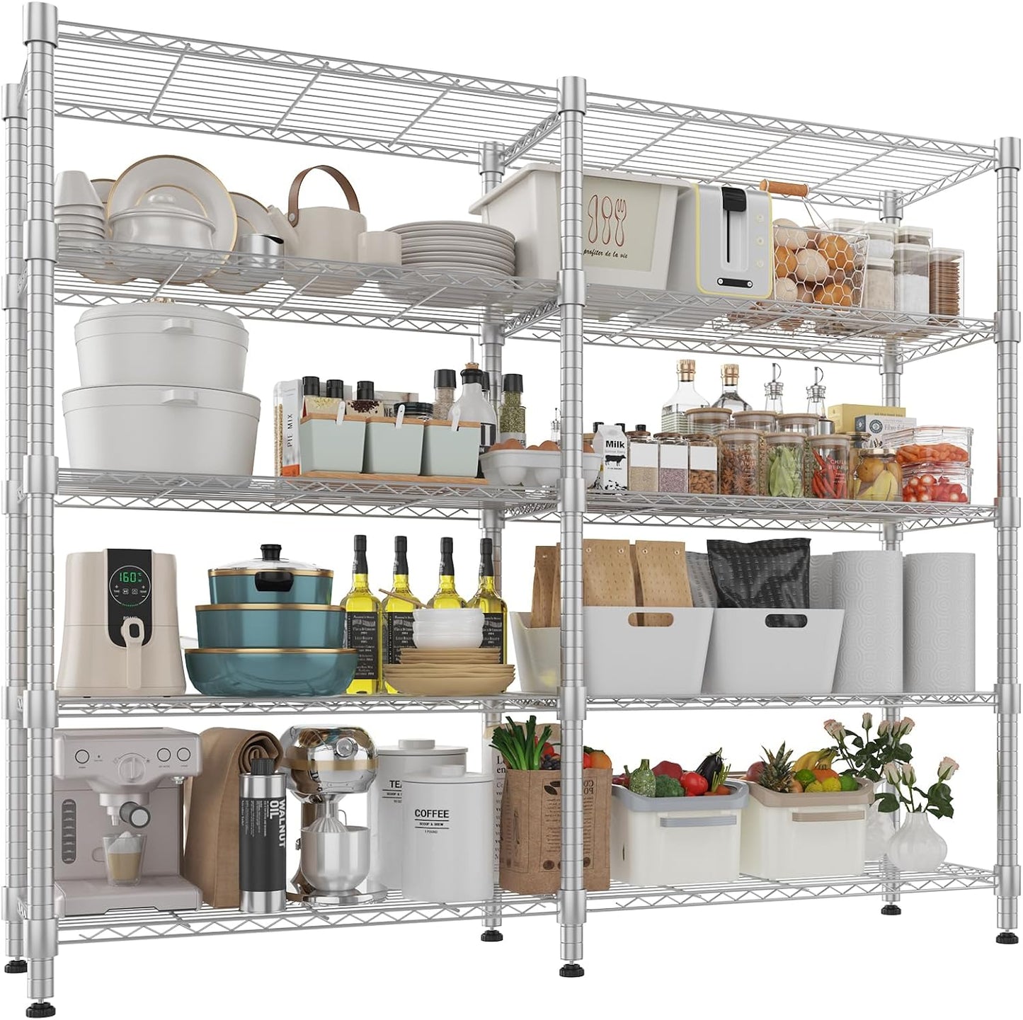 Himimi Storage Shelves-5 Tier Heavy Duty Wire Shelving Unit with Leveling Feet, 1500LBS Adjustable Metal Shelves Organizer for Kitchen Garage Pantry Laundry, 60" W*14" D*72" H, Silver