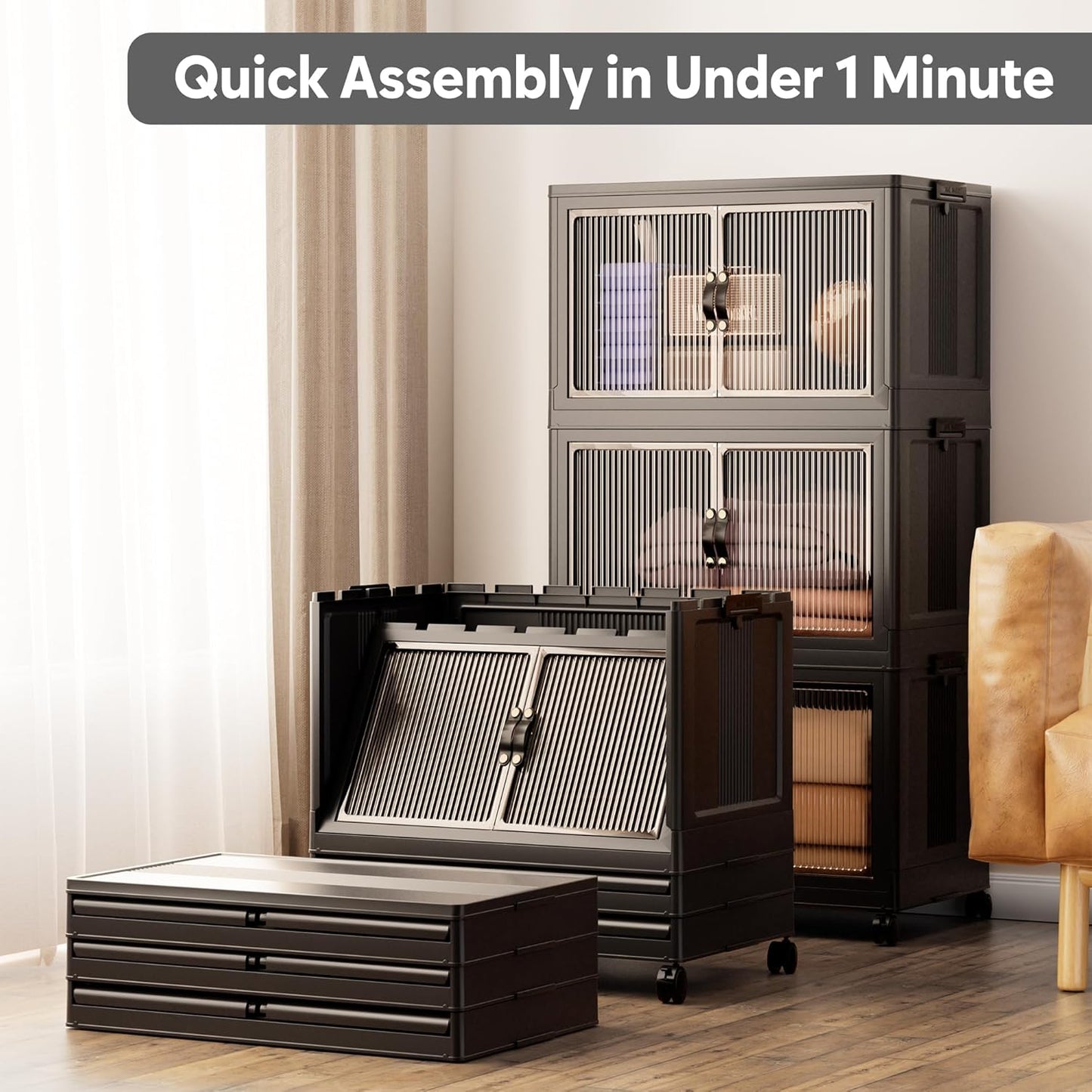 Jalove 50QT Plastic Storage Bins with lids, Stackable Collapsible Storage Containers with Wheels, Closet Organizer and Storage Drawers, Clothes Storage Cabinet for Home Office Garage, 3 Pack Black