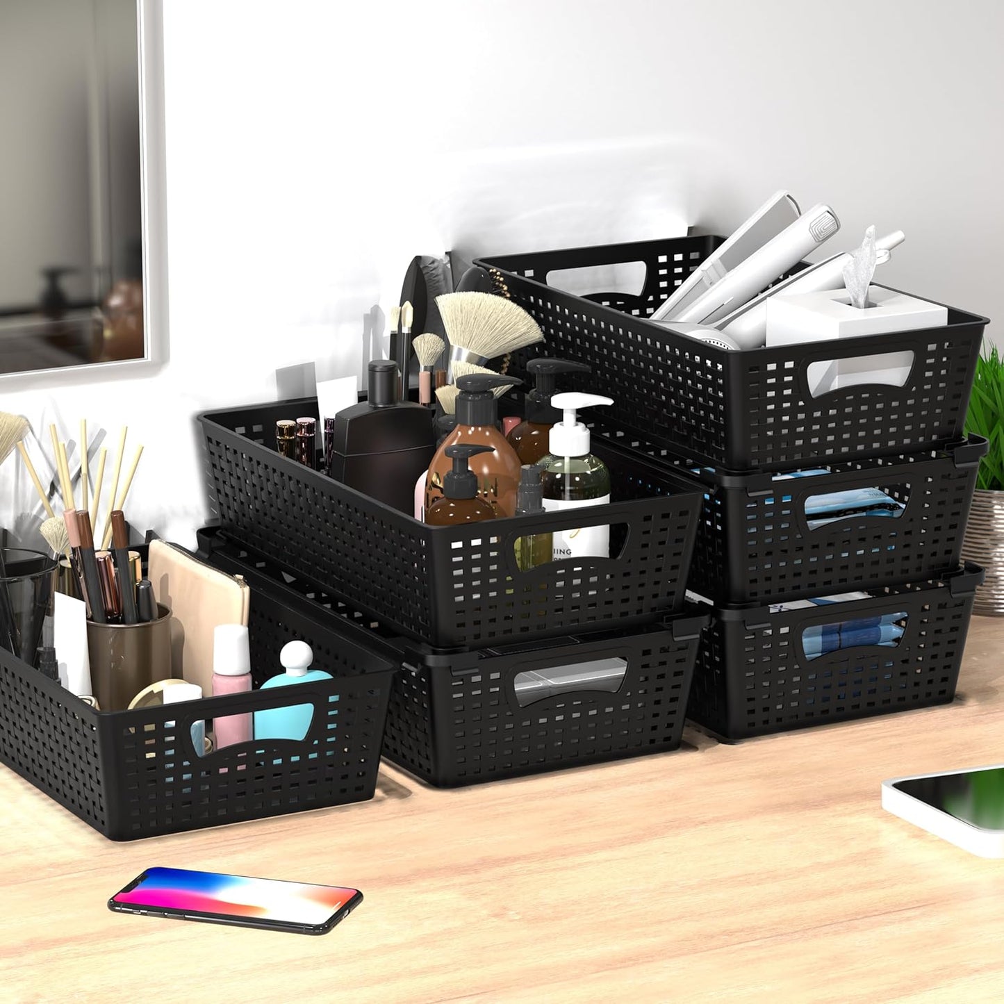 Simple Houseware Stackable Plastic Woven Basket Organizer, 6 Pack, 14.5" x 8.5" x 3.5", Black