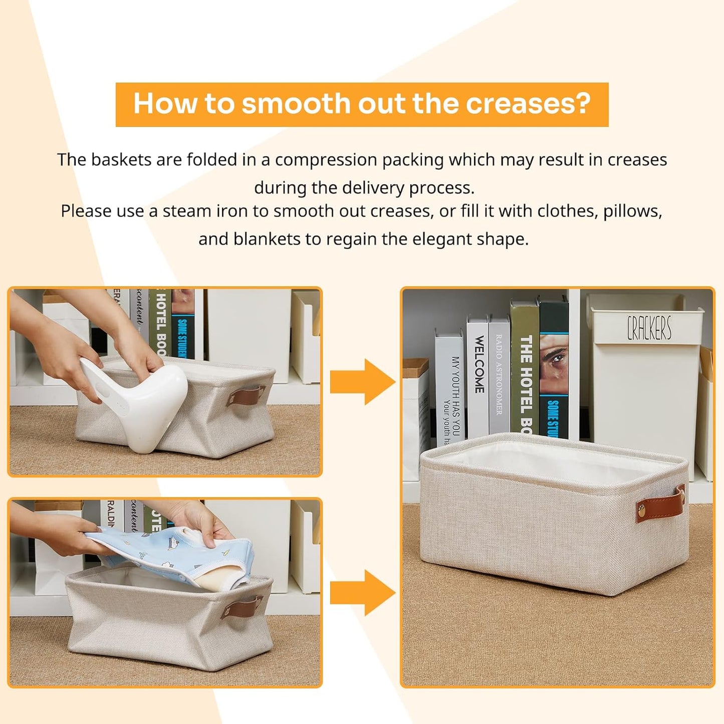 DULLEMELO Small Storage Basket for Shelves, Small Fabric Collapsible Rectangular Storage Bin for Shelves, Closets, Nursery, Home, Office, Empty Gift Basket (Beige)