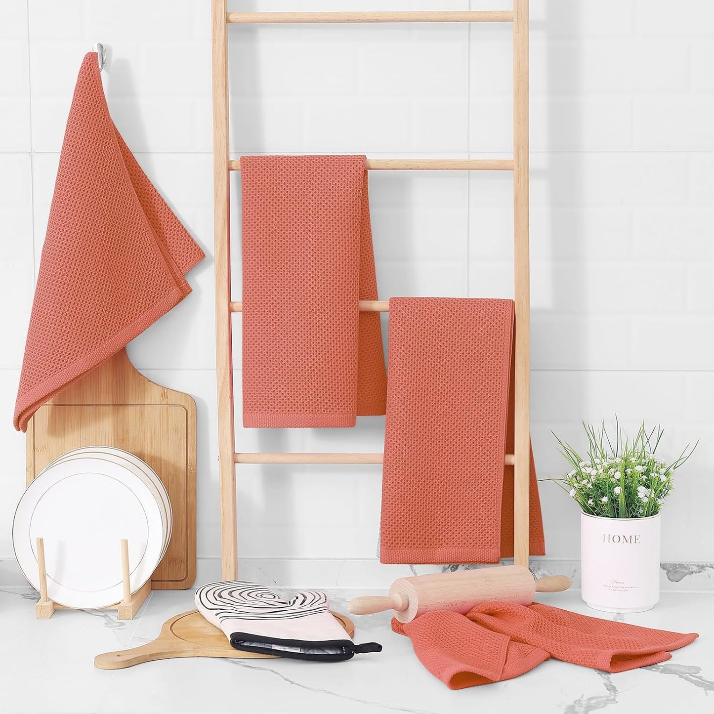 Homaxy 100% Cotton Waffle Weave Kitchen Dish Towels, Ultra Soft Absorbent Quick Drying Cleaning Towel, 13 x 28 Inches, 6-Pack, Coral