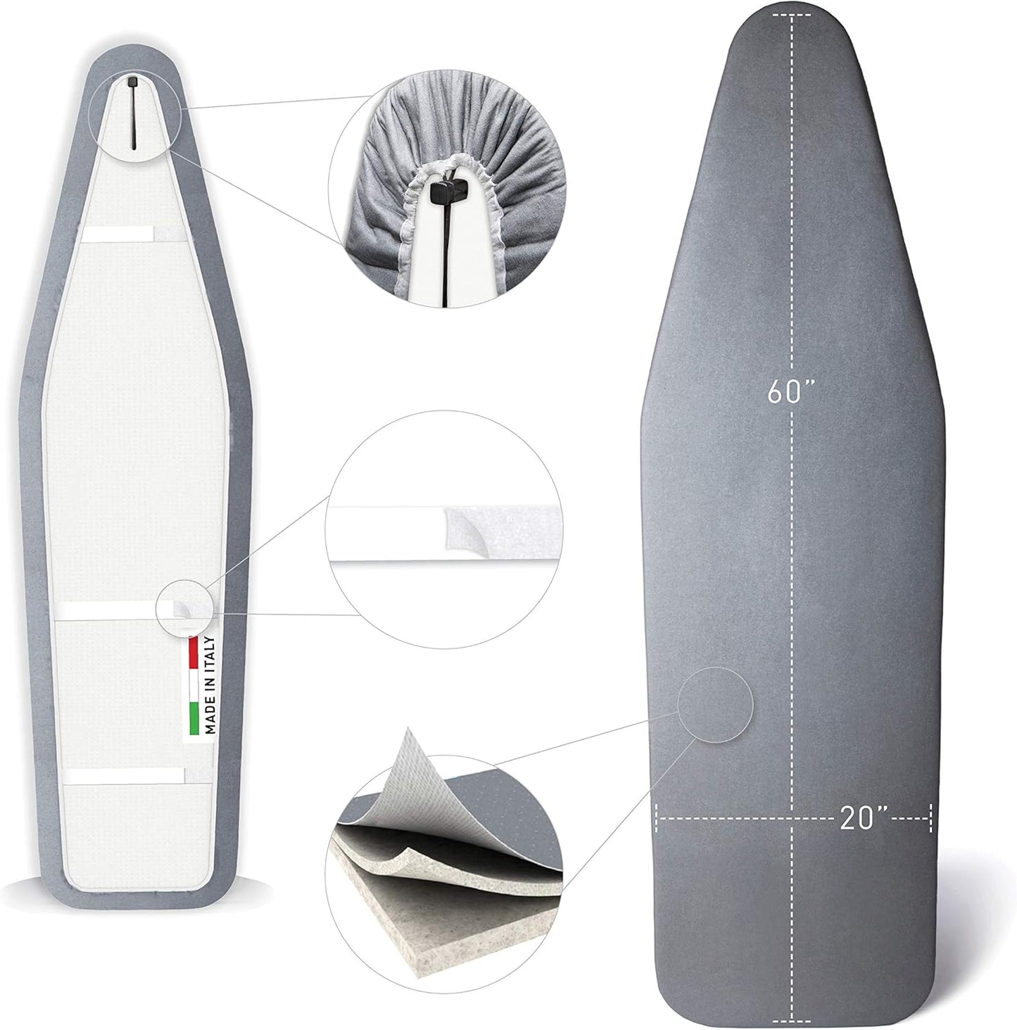 TIVIT Ironing Board Cover 20 x 60, Made in Italy. Pro Grip Pad Covers w/3 Fastener Straps & Pull Bungee Cord - Durable Scorch & Stain Resistant Padded Layers, Heat Reflective AlumiTek PRO Top Coat