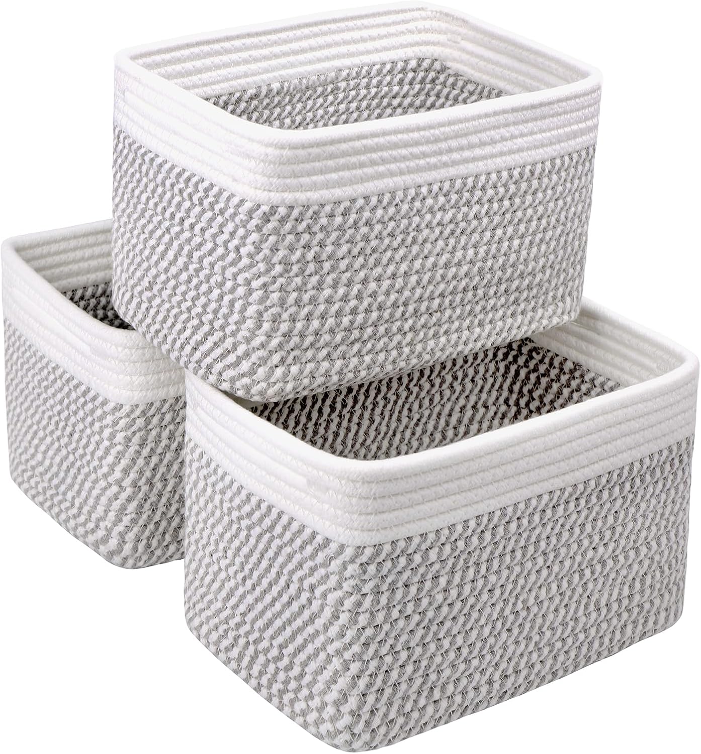 Small Cotton Rope Basket – Storage Bin for Organizing (10.6" x 6.7" x 6.7"), Bathroom Storage Basket for Shelf, Counter & Closet（White & Mixed Grey）