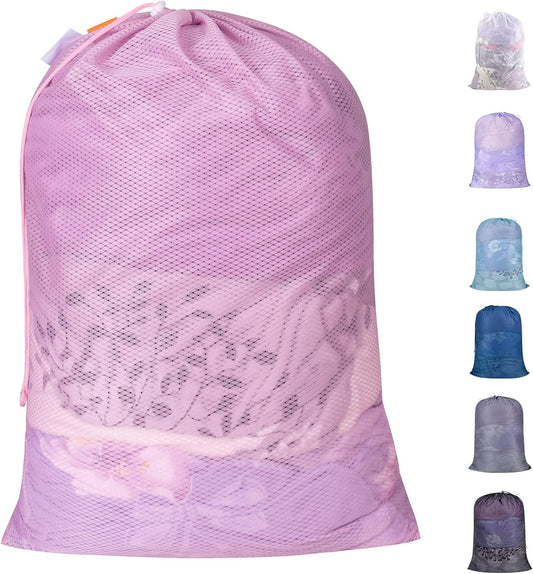 Polecasa Heavy Duty Diamond Large Mesh Laundry Bag with ID Tag and Locking Drawstring Closure - 24 x 36 inches - Laundry Hamper Liner, Washable Laundry Bags for Travel, Sports, Dorms (Pink)