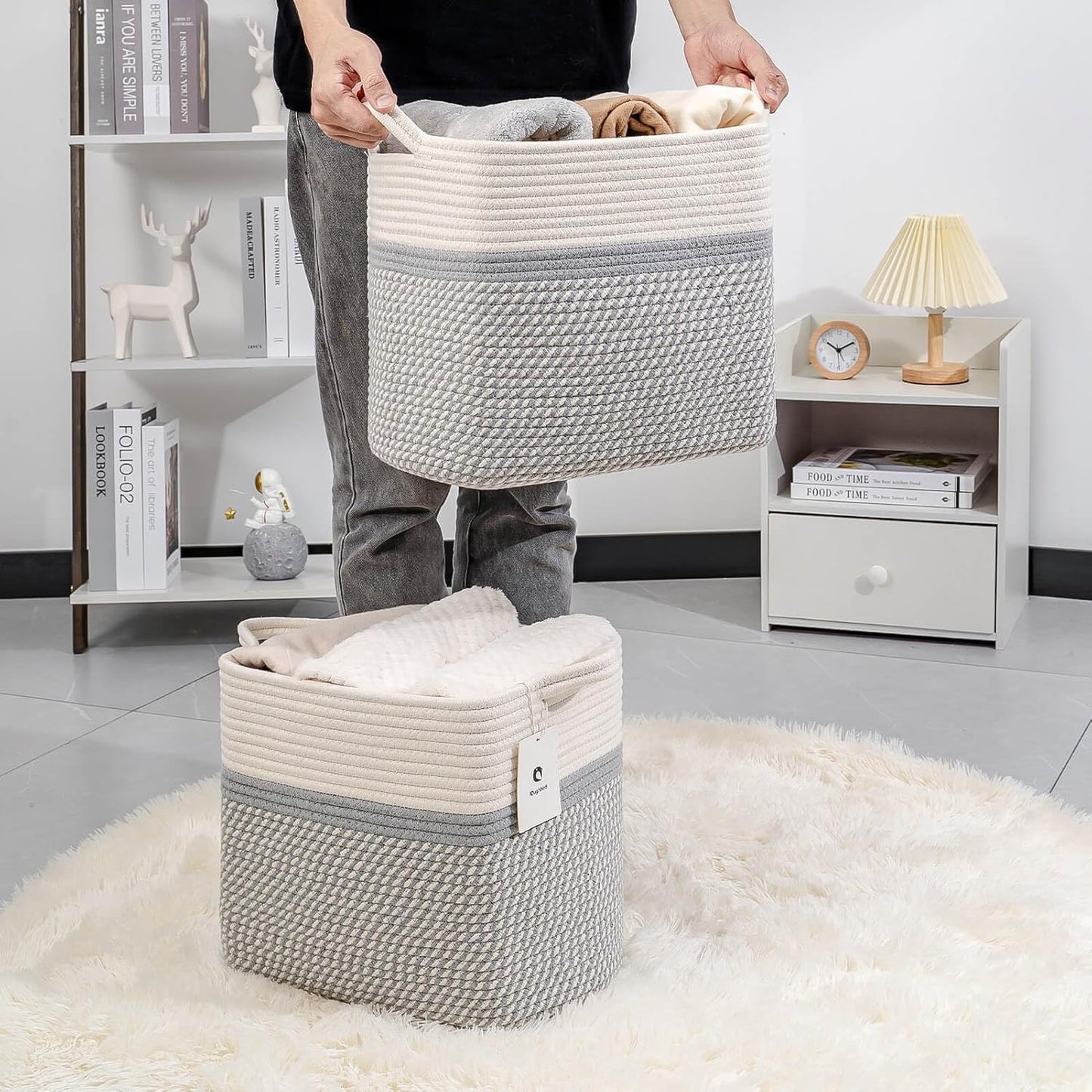 Medium and Large Woven Basket//With Handle, Used for Toys and Fabric Storage Basket used for Storing xl Storage Box, Decorative Storage Box Room 2pack (14L*12H YWhite/Gray, 14L*10W*12H)