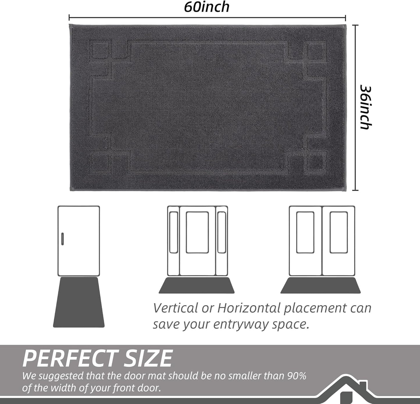 BEQHAUSE Door Mat 36" x 60", Non-Slip Door Mats Indoor Entryway Rugs Washable Low-Profile Absorbent and Stain Resist Floor Mats, Dog Door Mat for Front Back Door, Muddy Wet Shoes & Paws, Dark Grey