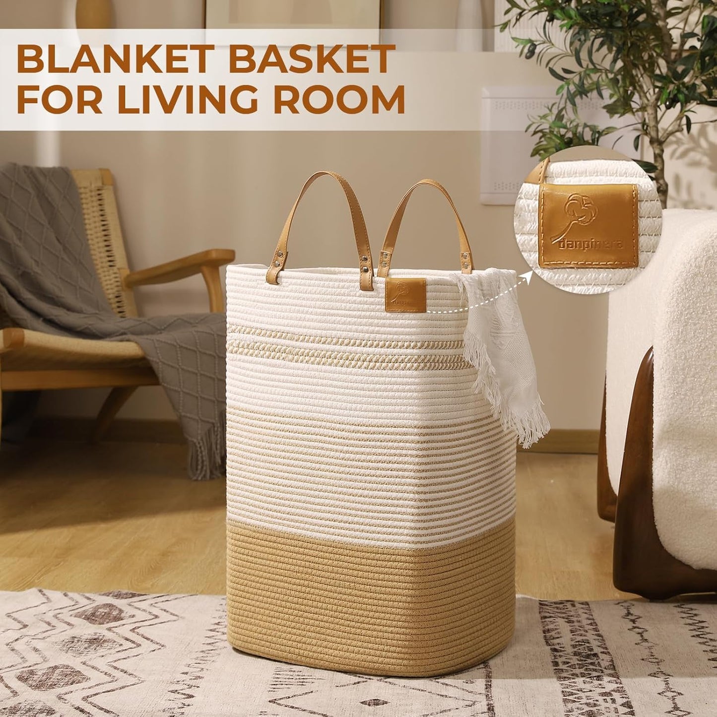 danpinera Large Laundry Hamper – 75L Tall Woven Cotton Storage Basket with Leather Handles, Slim Dirty Clothes Hamper, Decorative Storage Basket for Blanket,Toys White & Jute